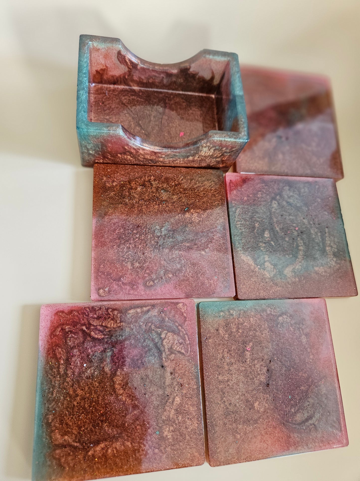 Resin Coaster Set of five with Stand/Red brown, copper and teal, stylish and colourful home decor/Unique gift for new home, birthday or Anniversary