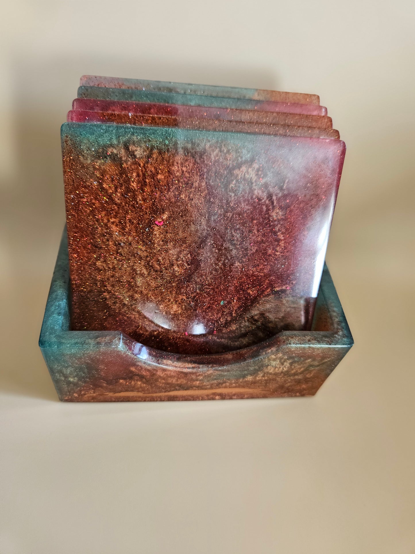 Resin Coaster Set of five with Stand/Red brown, copper and teal, stylish and colourful home decor/Unique gift for new home, birthday or Anniversary