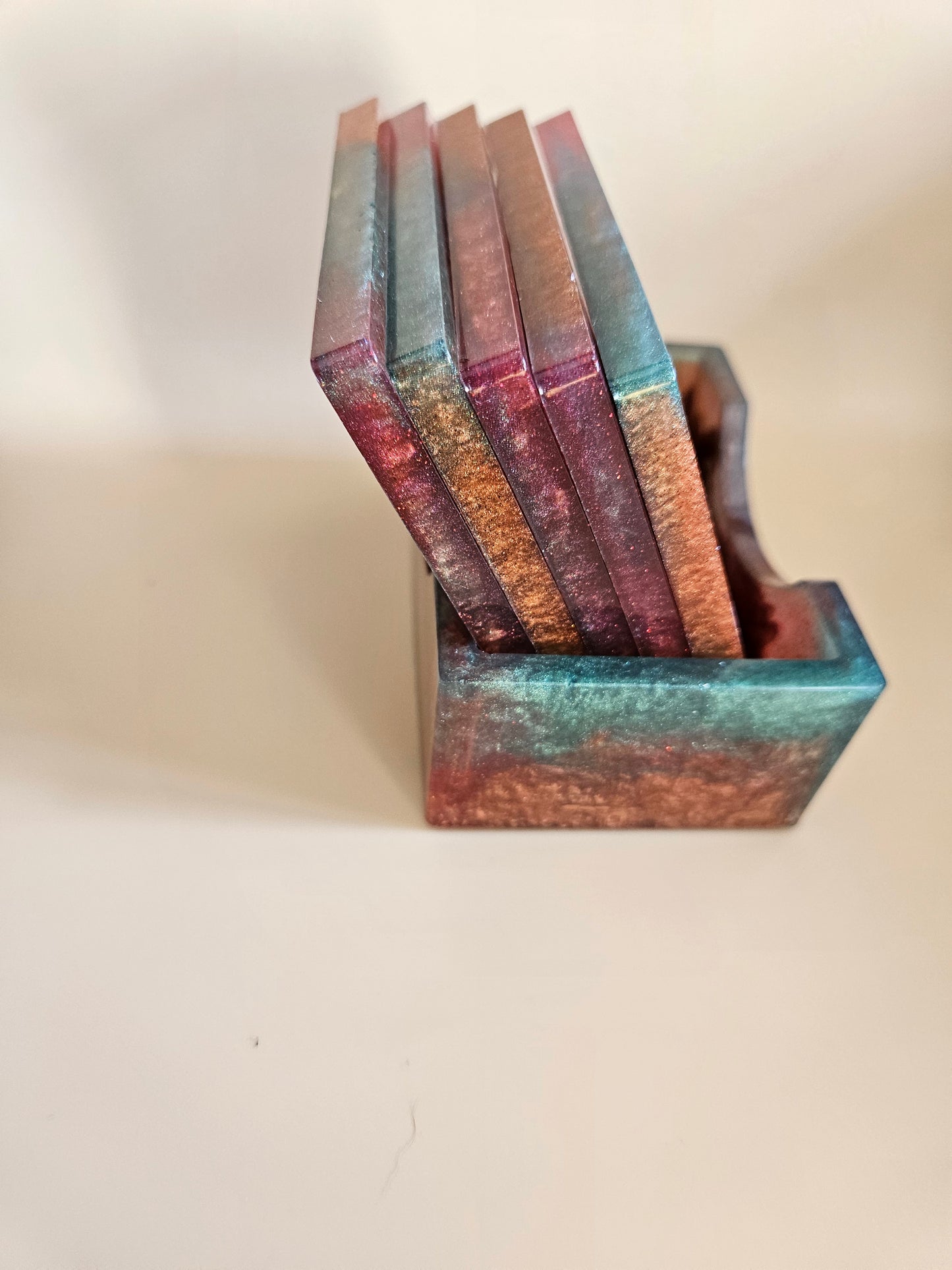 Resin Coaster Set of five with Stand/Red brown, copper and teal, stylish and colourful home decor/Unique gift for new home, birthday or Anniversary