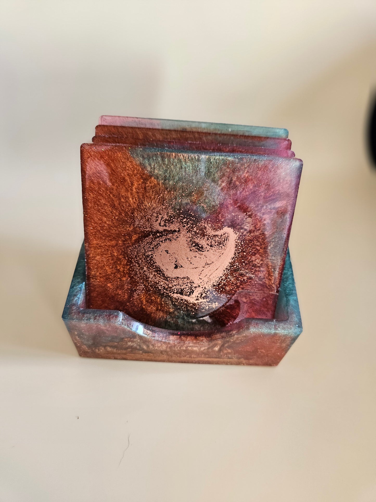 Resin Coaster Set of five with Stand/Red brown, copper and teal, stylish and colourful home decor/Unique gift for new home, birthday or Anniversary