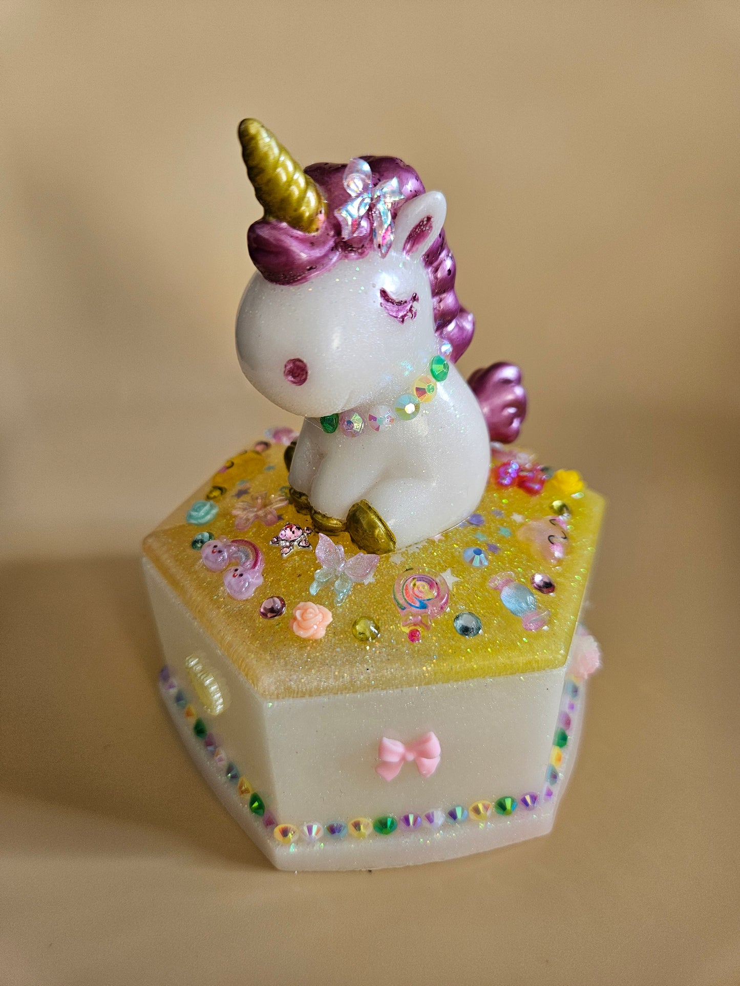 Unicorn jewellery box/Handcrafted Keepsake box for Baby First Curl /Tooth /Whimsy Home Decor/ Pastel Coloured Jewellery box with Sparkles/ Magical Birthday Gift