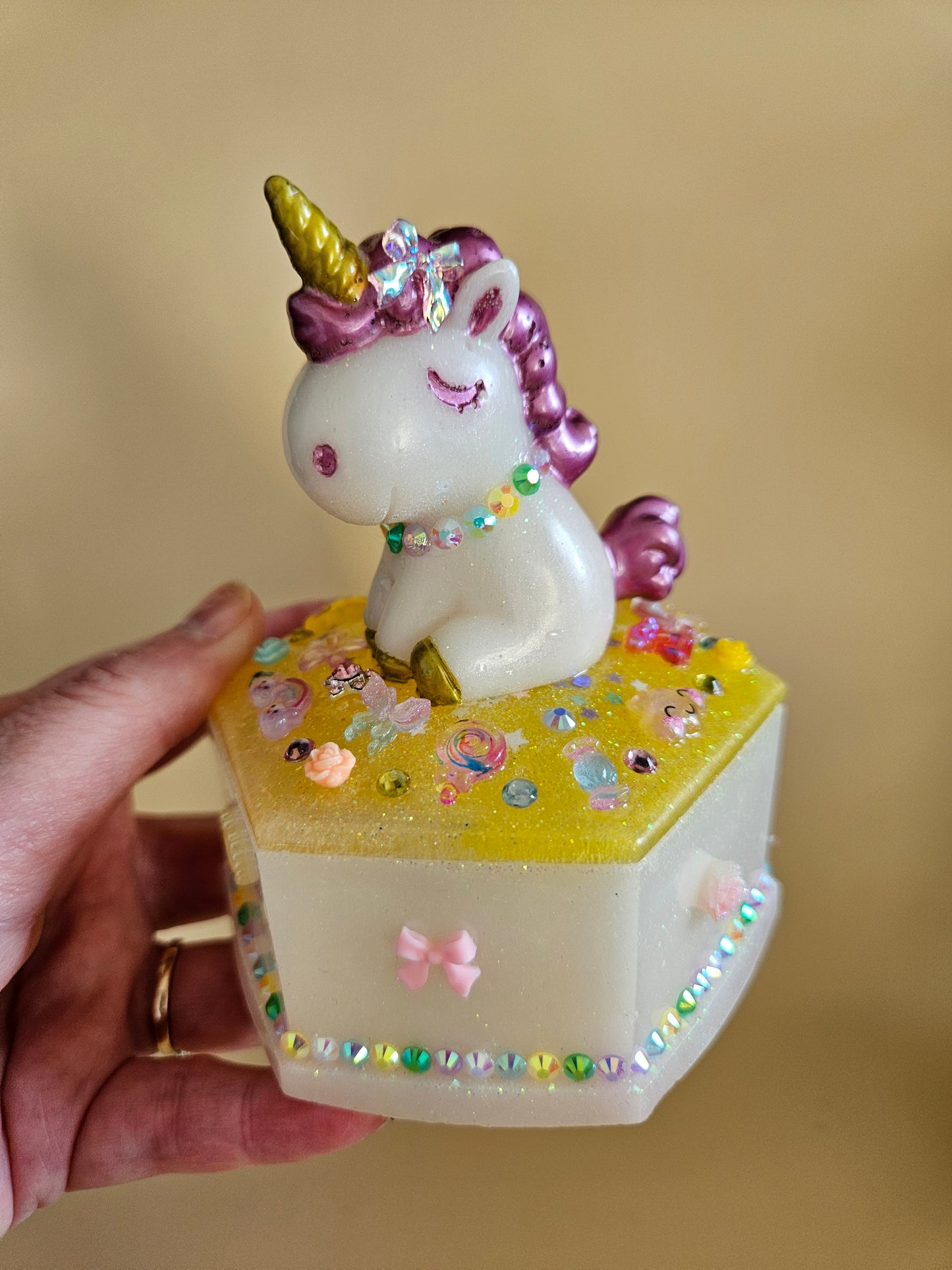 Unicorn jewellery box/Handcrafted Keepsake box for Baby First Curl /Tooth /Whimsy Home Decor/ Pastel Coloured Jewellery box with Sparkles/ Magical Birthday Gift