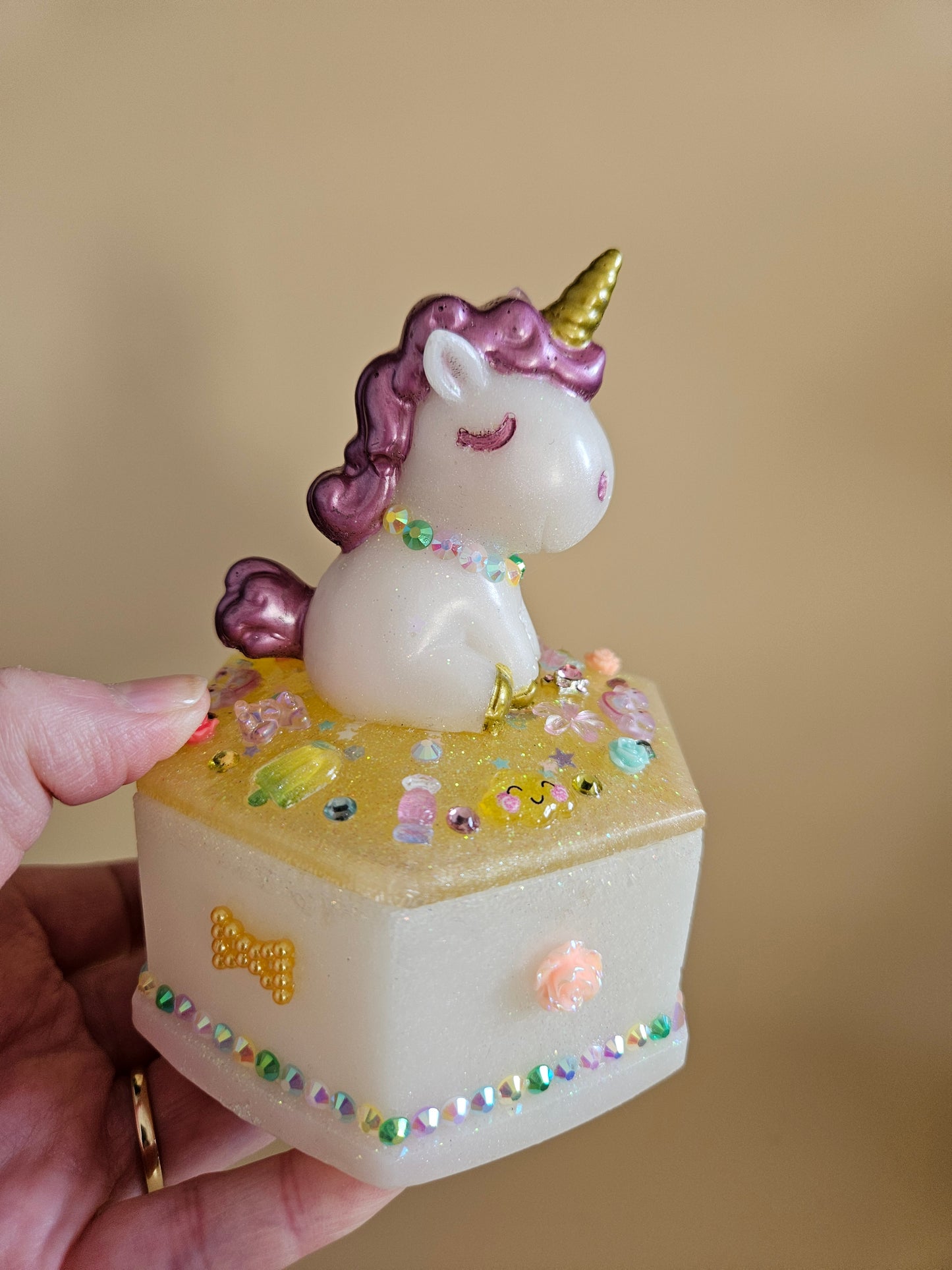 Unicorn jewellery box/Handcrafted Keepsake box for Baby First Curl /Tooth /Whimsy Home Decor/ Pastel Coloured Jewellery box with Sparkles/ Magical Birthday Gift