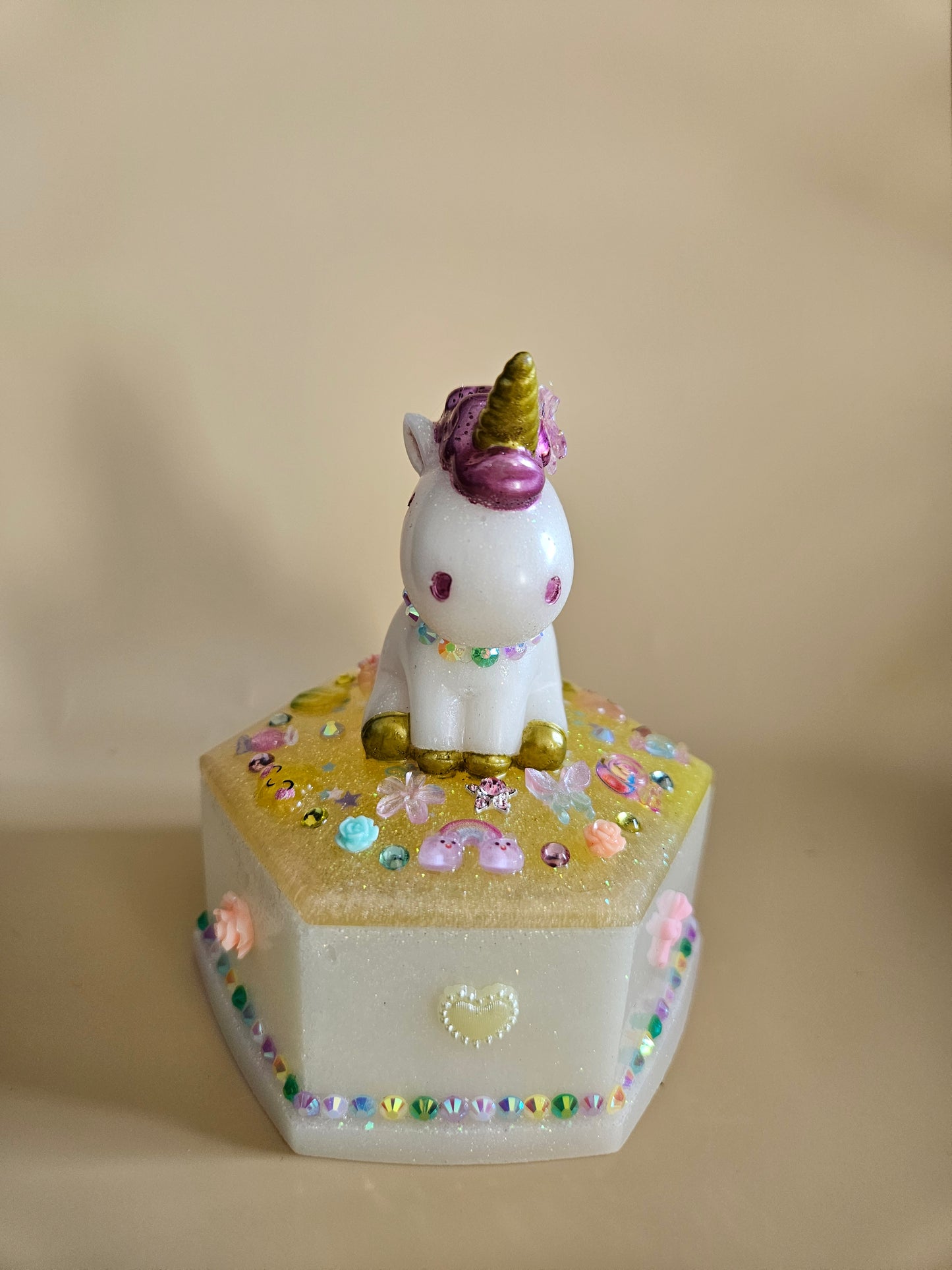 Unicorn jewellery box/Handcrafted Keepsake box for Baby First Curl /Tooth /Whimsy Home Decor/ Pastel Coloured Jewellery box with Sparkles/ Magical Birthday Gift