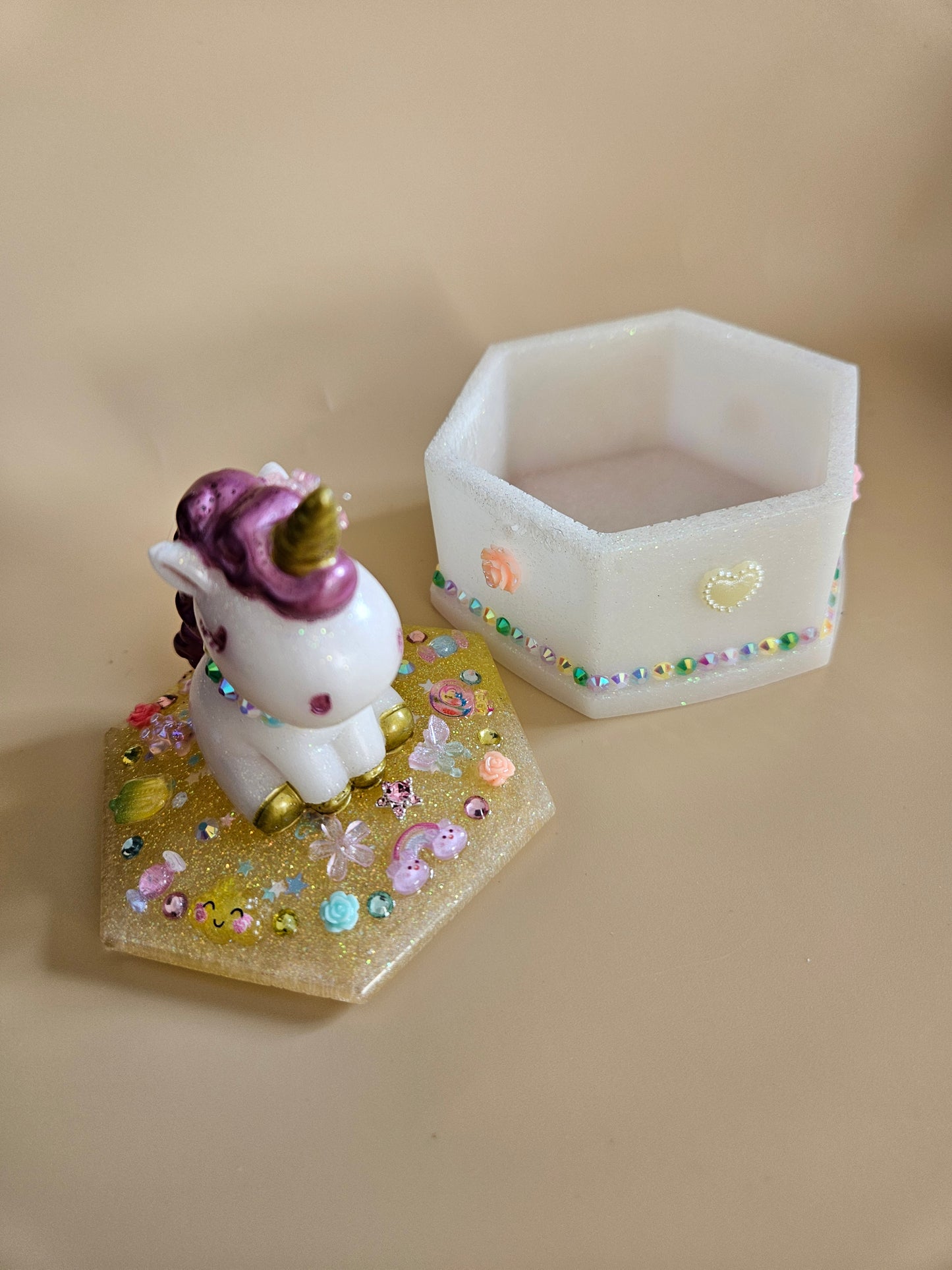 Unicorn jewellery box/Handcrafted Keepsake box for Baby First Curl /Tooth /Whimsy Home Decor/ Pastel Coloured Jewellery box with Sparkles/ Magical Birthday Gift
