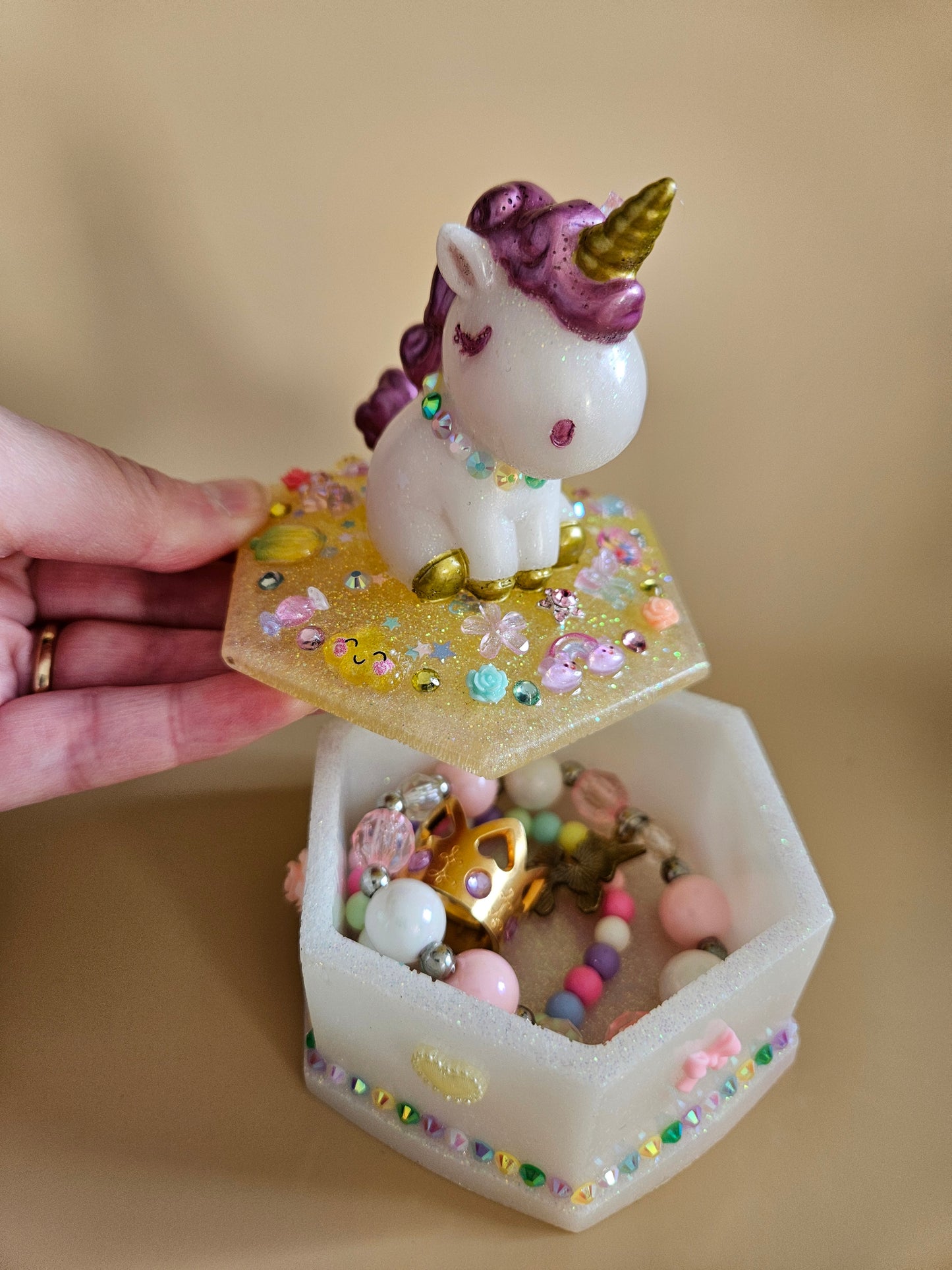 Unicorn jewellery box/Handcrafted Keepsake box for Baby First Curl /Tooth /Whimsy Home Decor/ Pastel Coloured Jewellery box with Sparkles/ Magical Birthday Gift