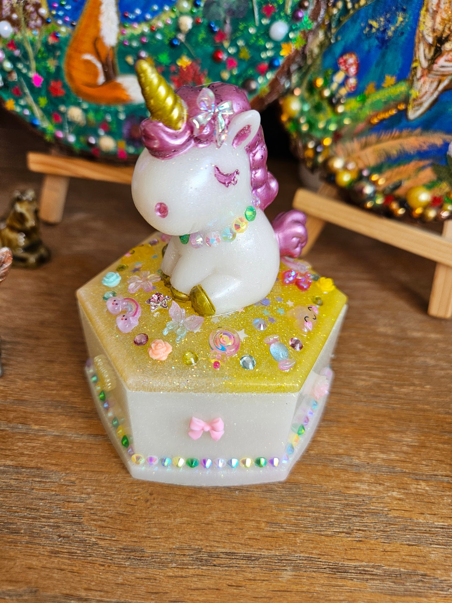 Unicorn jewellery box/Handcrafted Keepsake box for Baby First Curl /Tooth /Whimsy Home Decor/ Pastel Coloured Jewellery box with Sparkles/ Magical Birthday Gift