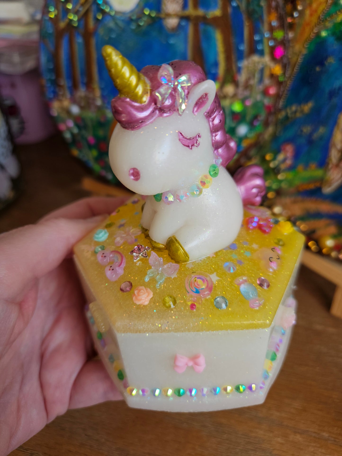 Unicorn jewellery box/Handcrafted Keepsake box for Baby First Curl /Tooth /Whimsy Home Decor/ Pastel Coloured Jewellery box with Sparkles/ Magical Birthday Gift