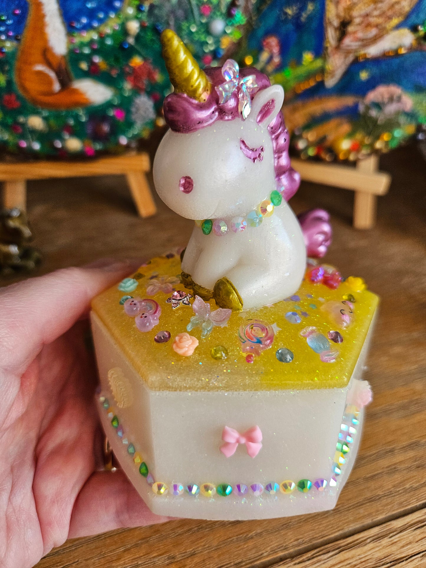 Unicorn jewellery box/Handcrafted Keepsake box for Baby First Curl /Tooth /Whimsy Home Decor/ Pastel Coloured Jewellery box with Sparkles/ Magical Birthday Gift