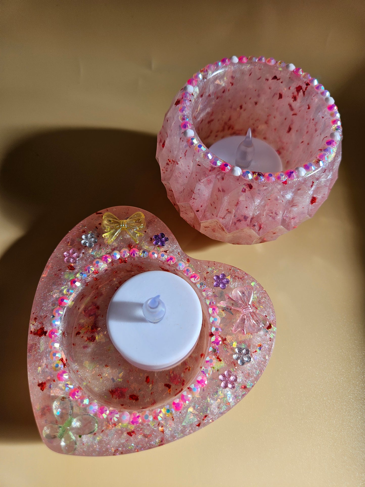 Pink Sparkly T-Light Holders or Ring Dishes/Resin and rhinestone trinket dishes/ whimsical home decor/ new home or birthday gift