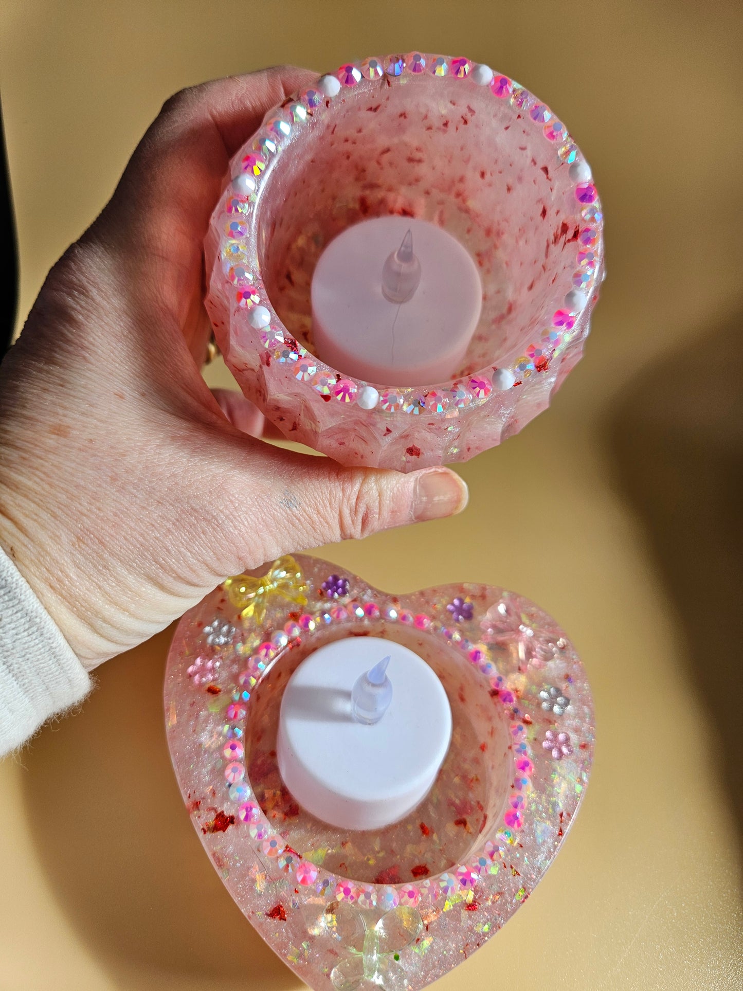 Pink Sparkly T-Light Holders or Ring Dishes/Resin and rhinestone trinket dishes/ whimsical home decor/ new home or birthday gift