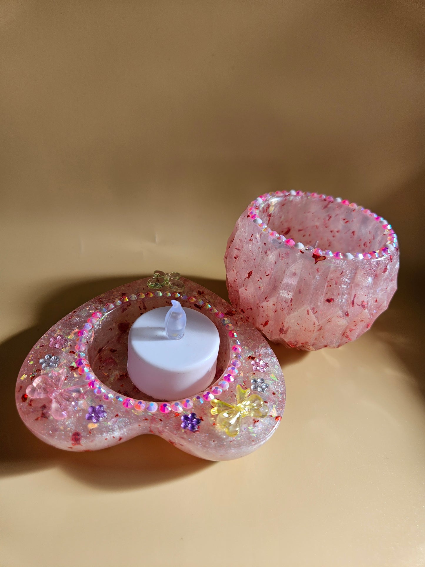 Pink Sparkly T-Light Holders or Ring Dishes/Resin and rhinestone trinket dishes/ whimsical home decor/ new home or birthday gift