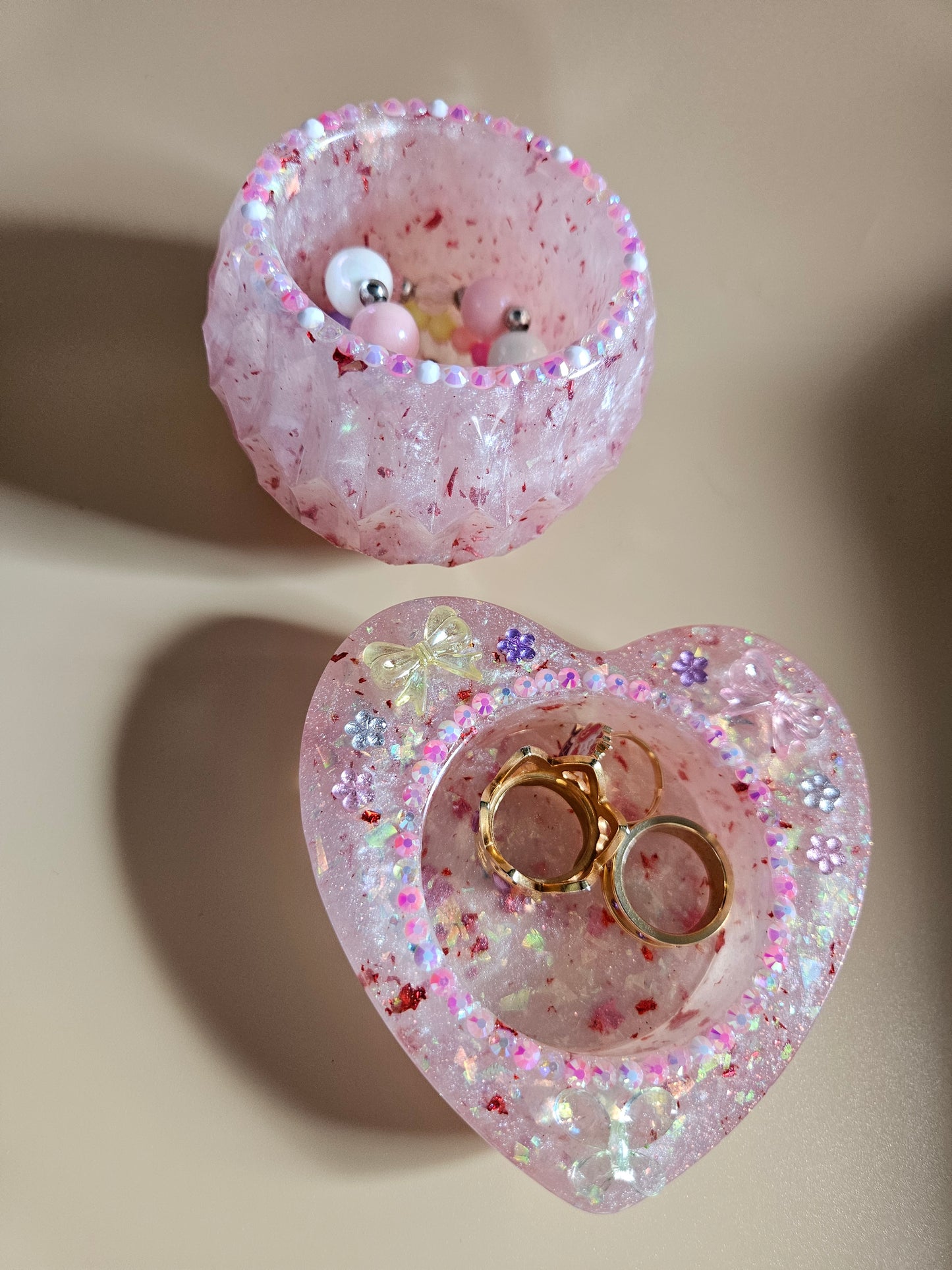Pink Sparkly T-Light Holders or Ring Dishes/Resin and rhinestone trinket dishes/ whimsical home decor/ new home or birthday gift