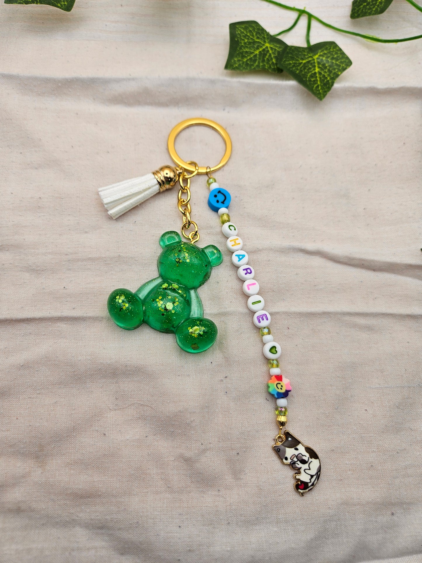 Made to Order Teddy Bear Bag Charm or Keyring Accessory/Personalised with a name or the words Best Friend in Letter beads with cute charms