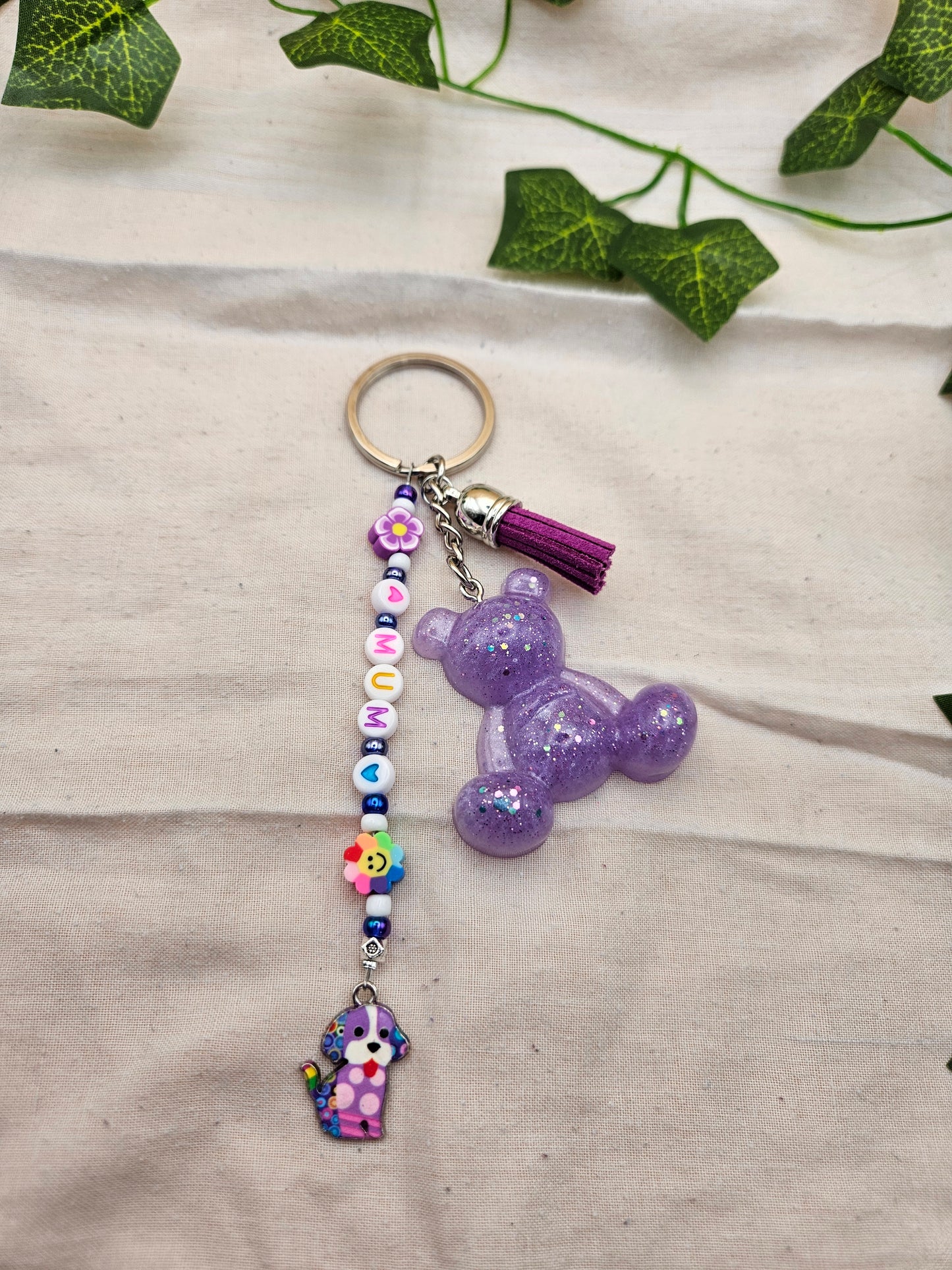 Made to Order Teddy Bear Bag Charm or Keyring Accessory/Personalised with a name or the words Best Friend in Letter beads with cute charms