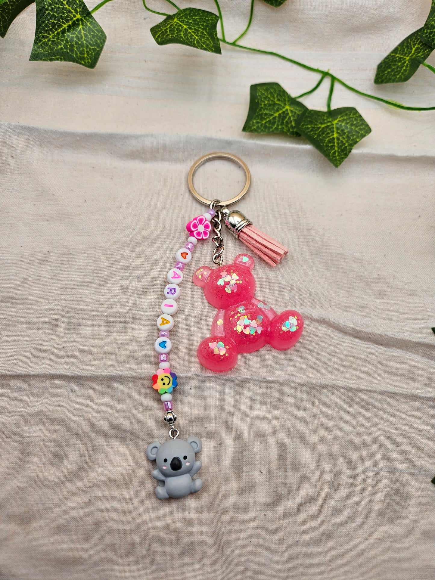 Made to Order Teddy Bear Bag Charm or Keyring Accessory/Personalised with a name or the words Best Friend in Letter beads with cute charms