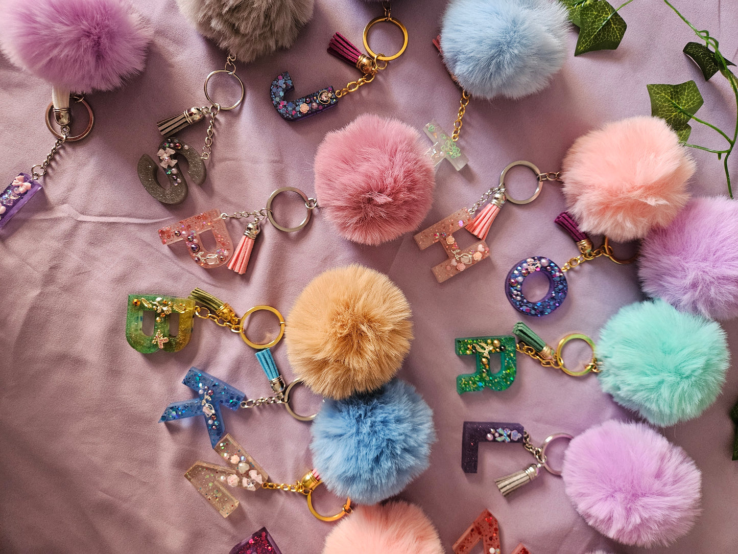 Personalised letter keyring with pom pom/resin embellished alphabet letter bag charm/made to order /bridesmaid party bag gifts/ birthday
