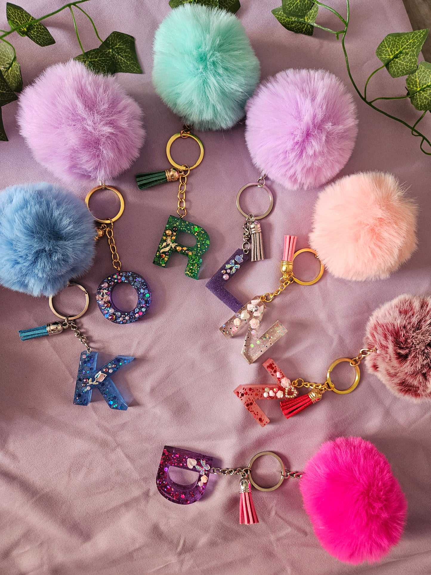 Personalised letter keyring with pom pom/resin embellished alphabet letter bag charm/made to order /bridesmaid party bag gifts/ birthday