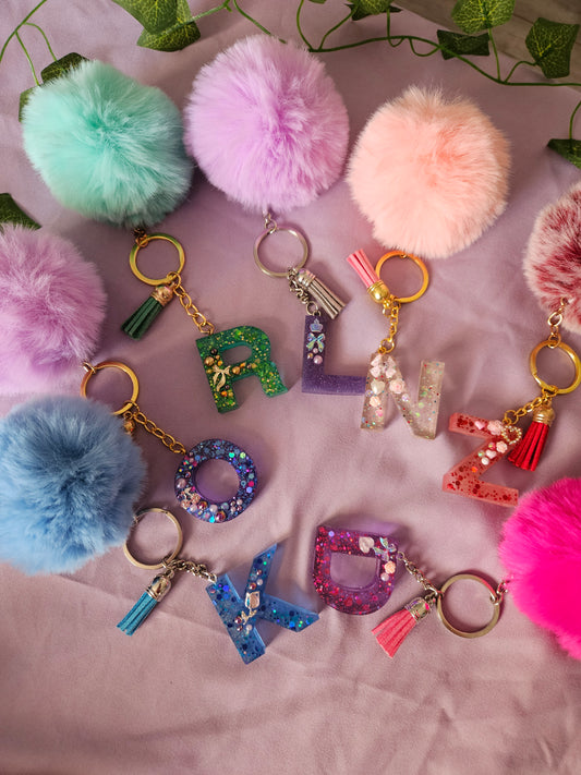 Personalised letter keyring with pom pom/resin embellished alphabet letter bag charm/made to order /bridesmaid party bag gifts/ birthday