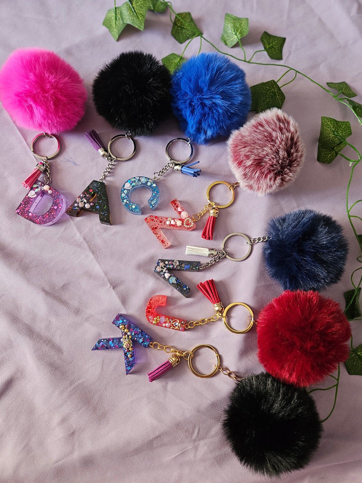 Personalised letter keyring with pom pom/resin embellished alphabet letter bag charm/made to order /bridesmaid party bag gifts/ birthday