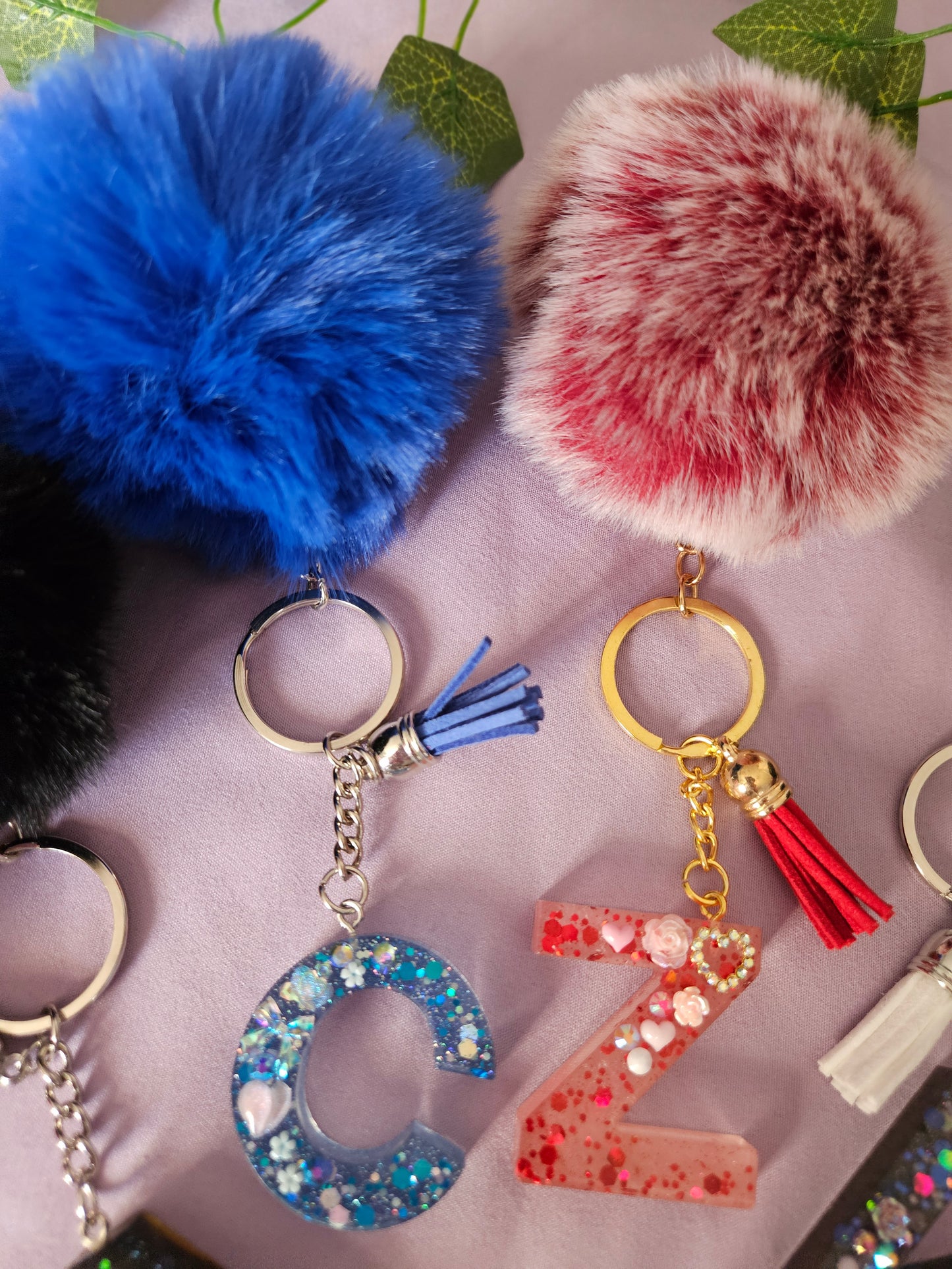 Personalised letter keyring with pom pom/resin embellished alphabet letter bag charm/made to order /bridesmaid party bag gifts/ birthday