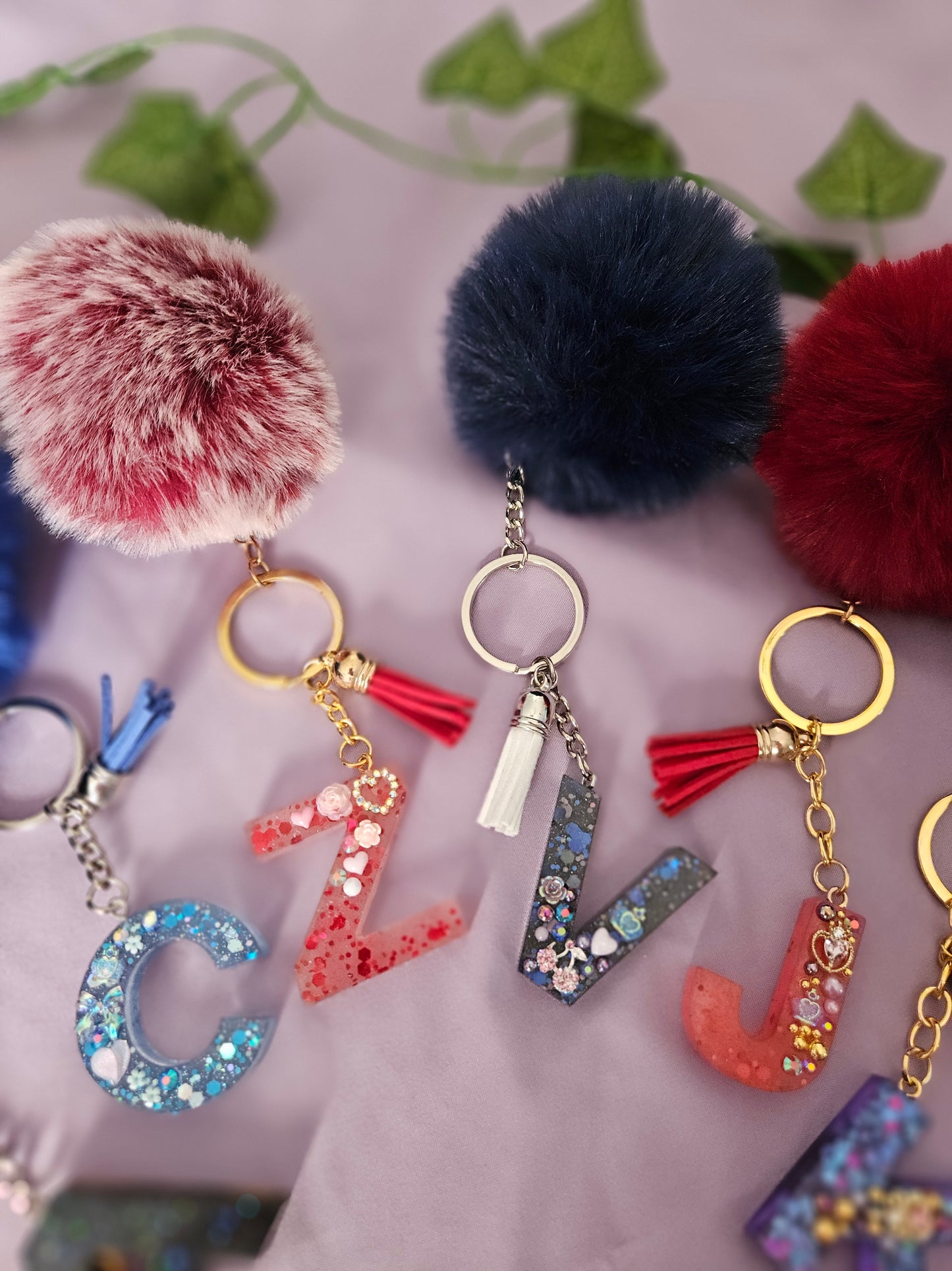 Personalised letter keyring with pom pom/resin embellished alphabet letter bag charm/made to order /bridesmaid party bag gifts/ birthday