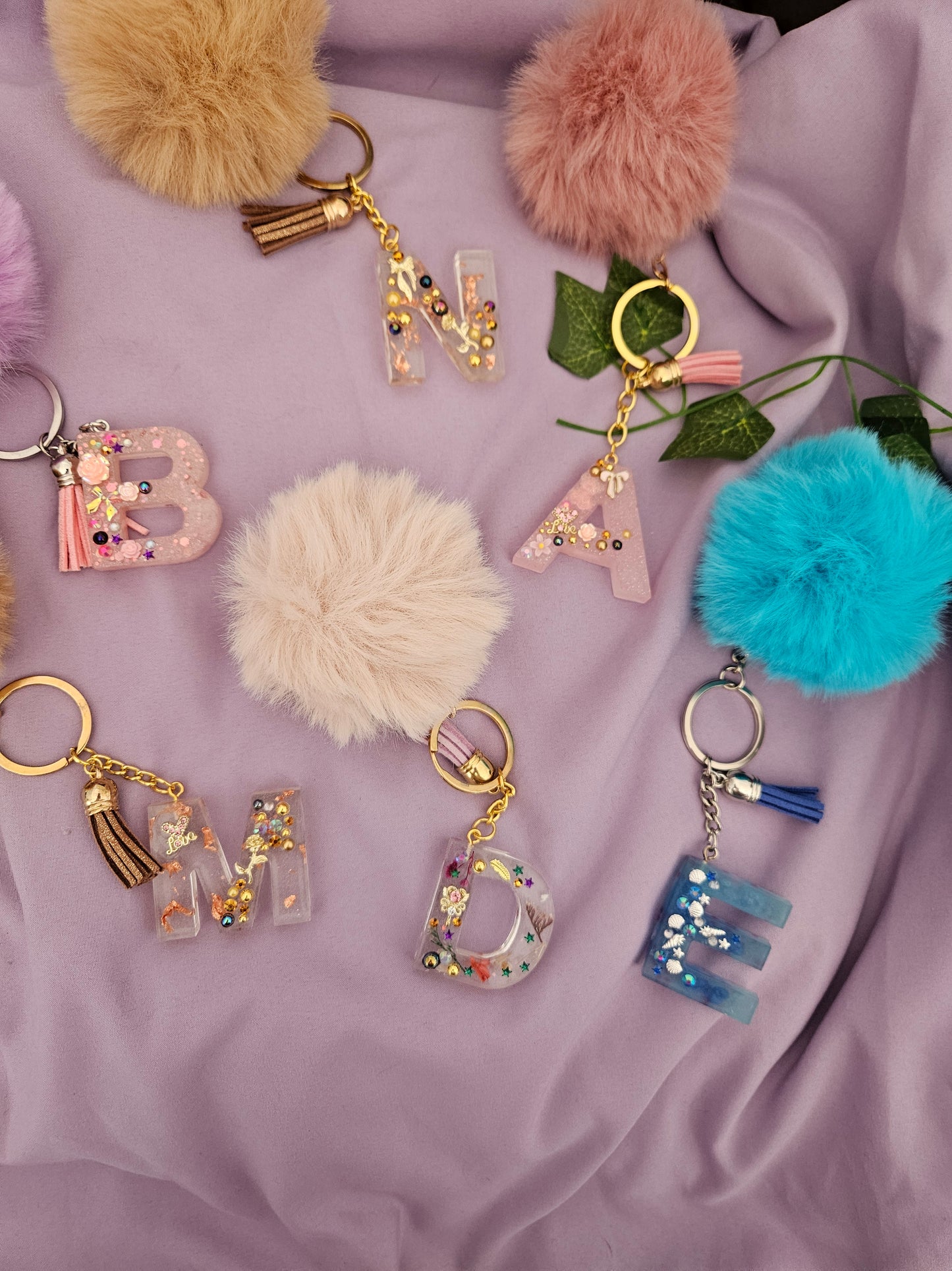 Personalised letter keyring with pom pom/resin embellished alphabet letter bag charm/made to order /bridesmaid party bag gifts/ birthday