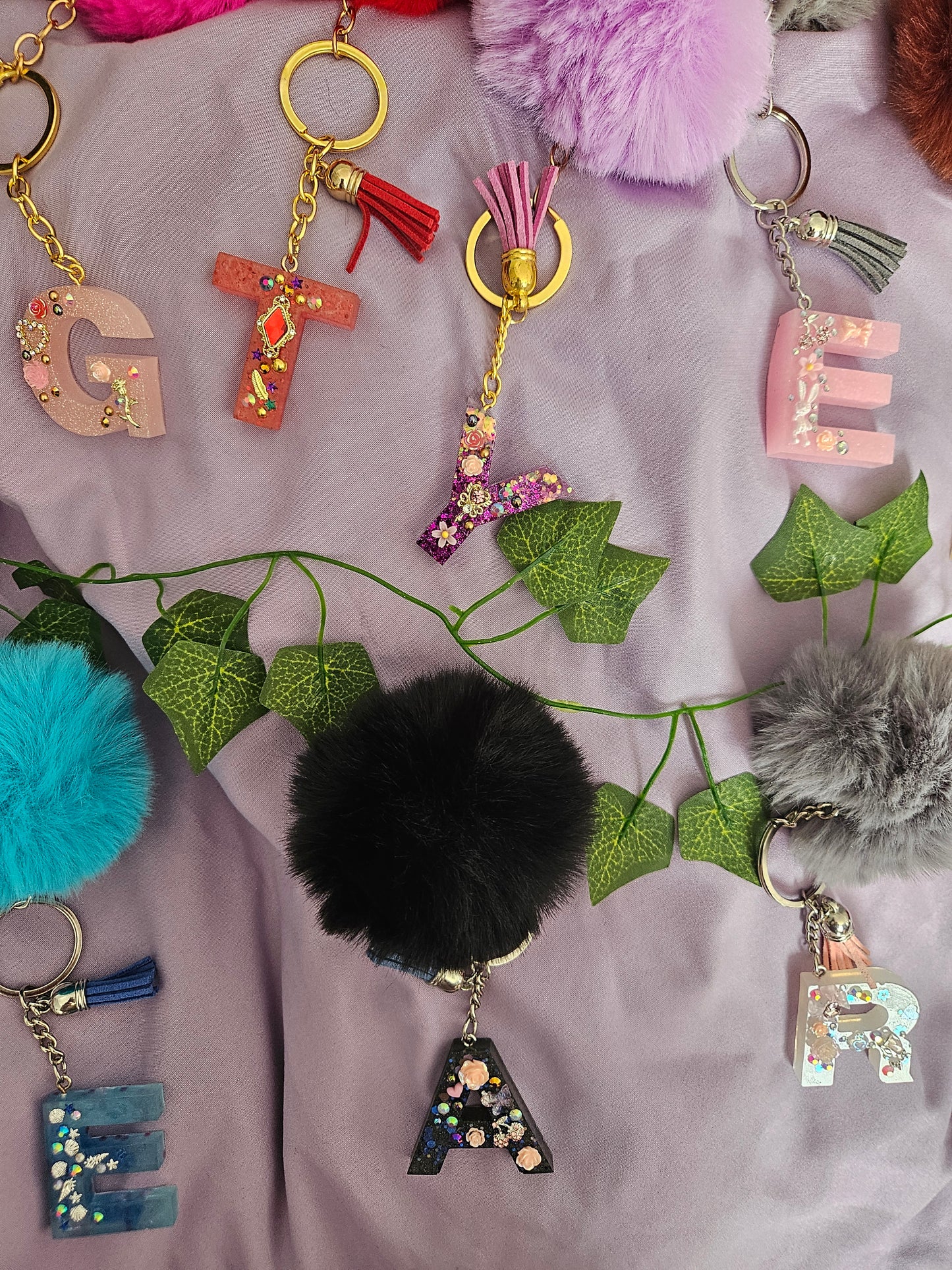 Personalised letter keyring with pom pom/resin embellished alphabet letter bag charm/made to order /bridesmaid party bag gifts/ birthday