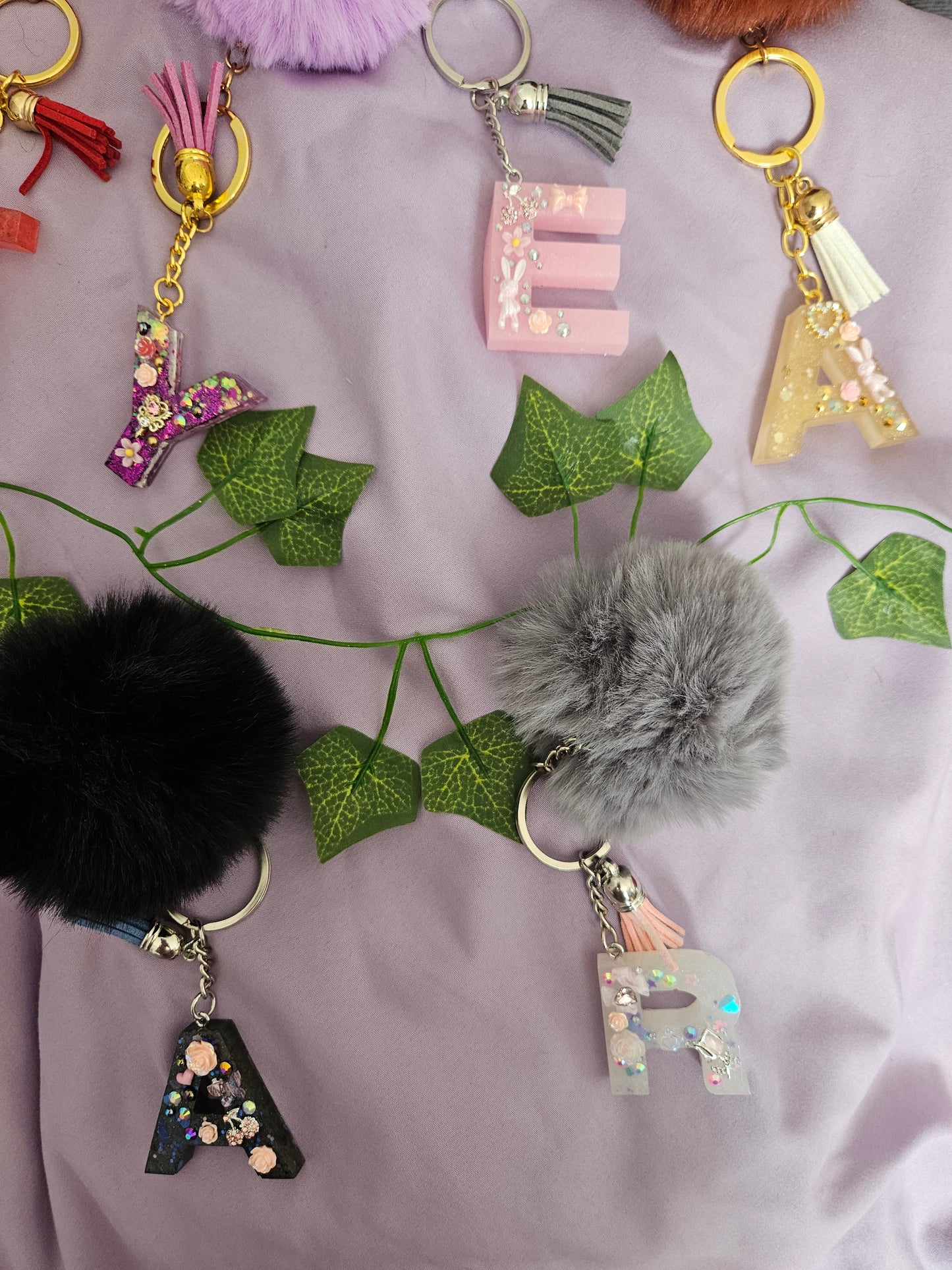 Personalised letter keyring with pom pom/resin embellished alphabet letter bag charm/made to order /bridesmaid party bag gifts/ birthday