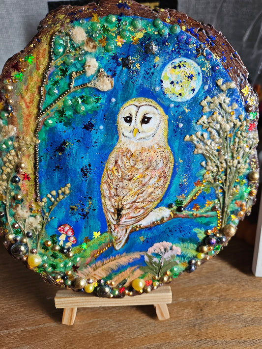 Large Wood Slice/hand painted plaque with owl and moon night theme/whimsical and embellished painting/unique one of a kind, handcrafted artwork/new home or birthday gift for bird/nature/whimsy lover