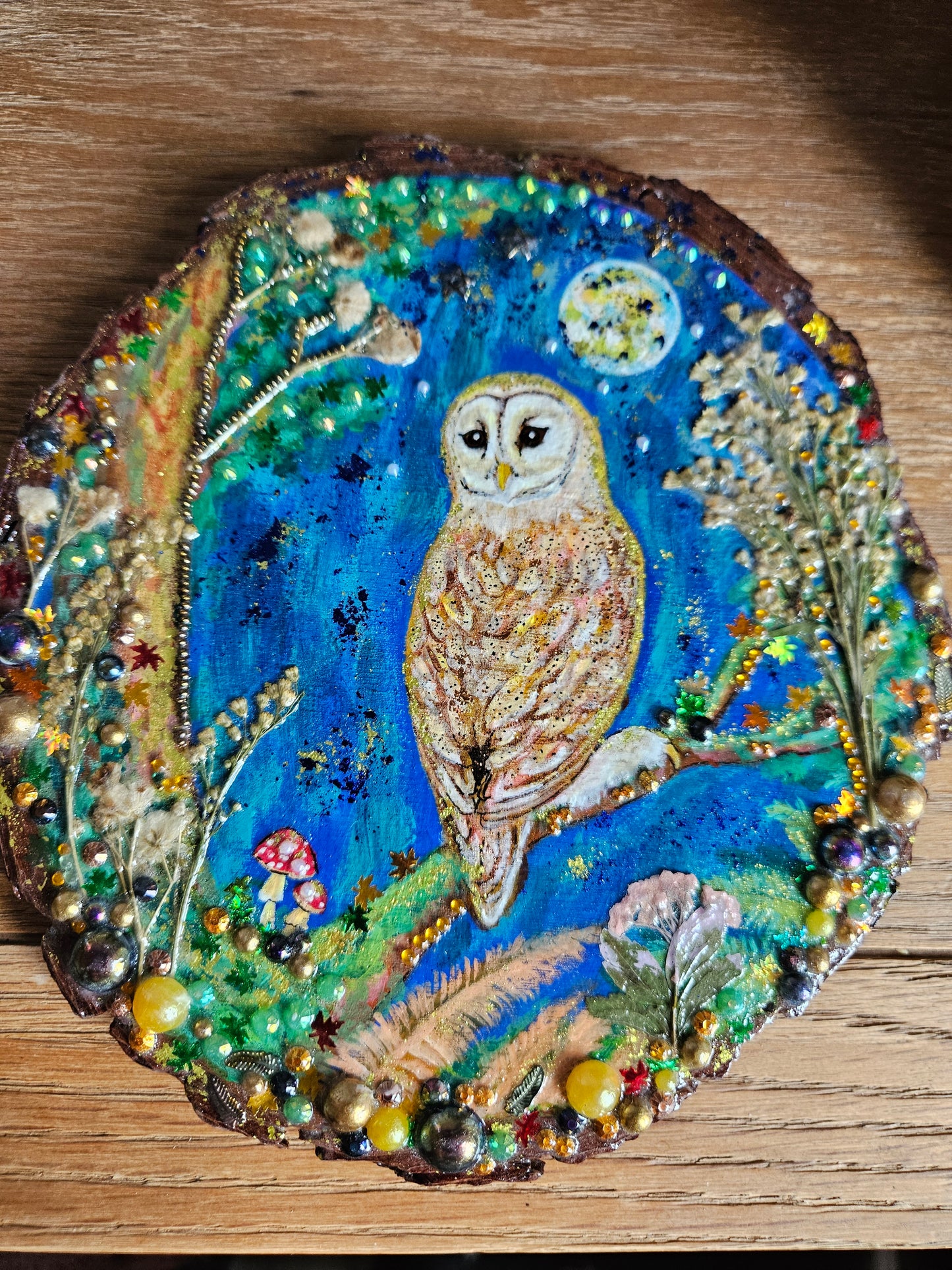 Large Wood Slice/hand painted plaque with owl and moon night theme/whimsical and embellished painting/unique one of a kind, handcrafted artwork/new home or birthday gift for bird/nature/whimsy lover