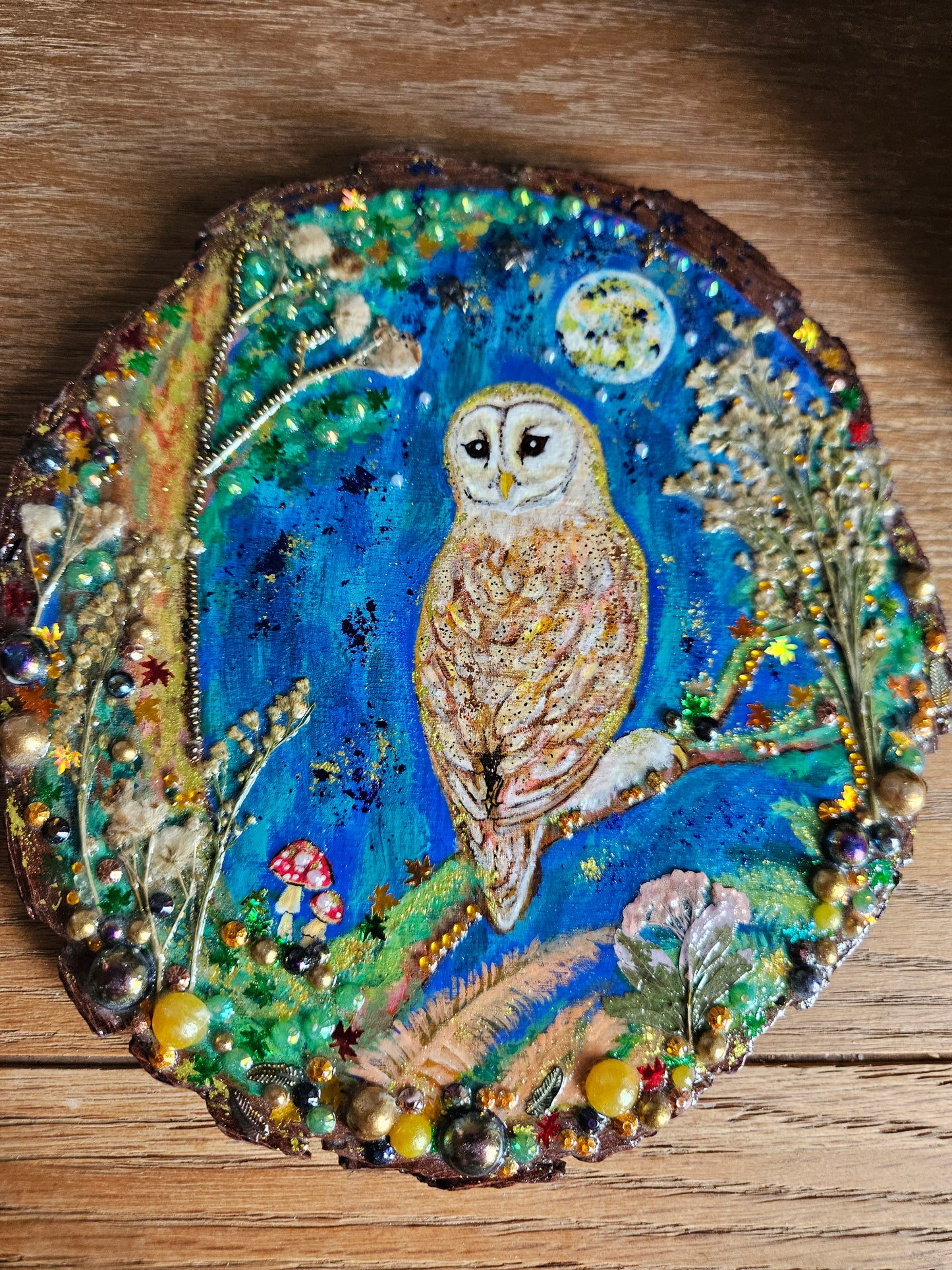 Large Wood Slice/hand painted plaque with owl and moon night theme/whimsical and embellished painting/unique one of a kind, handcrafted artwork/new home or birthday gift for bird/nature/whimsy lover