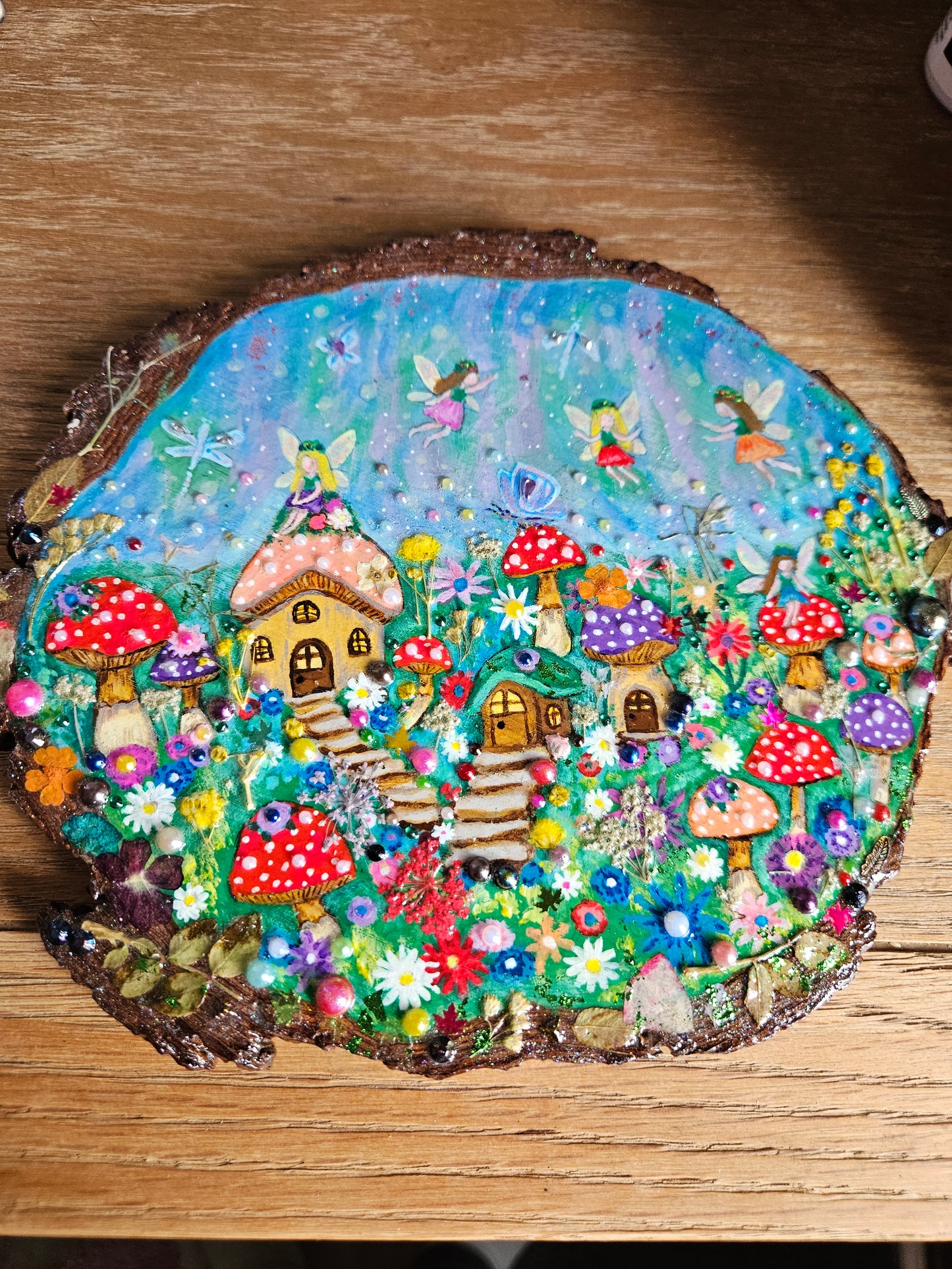 Large Wood Slice/hand painted plaque with fairies and mushroom houses/whimsical and embellished painting/unique one of a kind, handcrafted artwork/new home or birthday gift for animal/whimsy lover