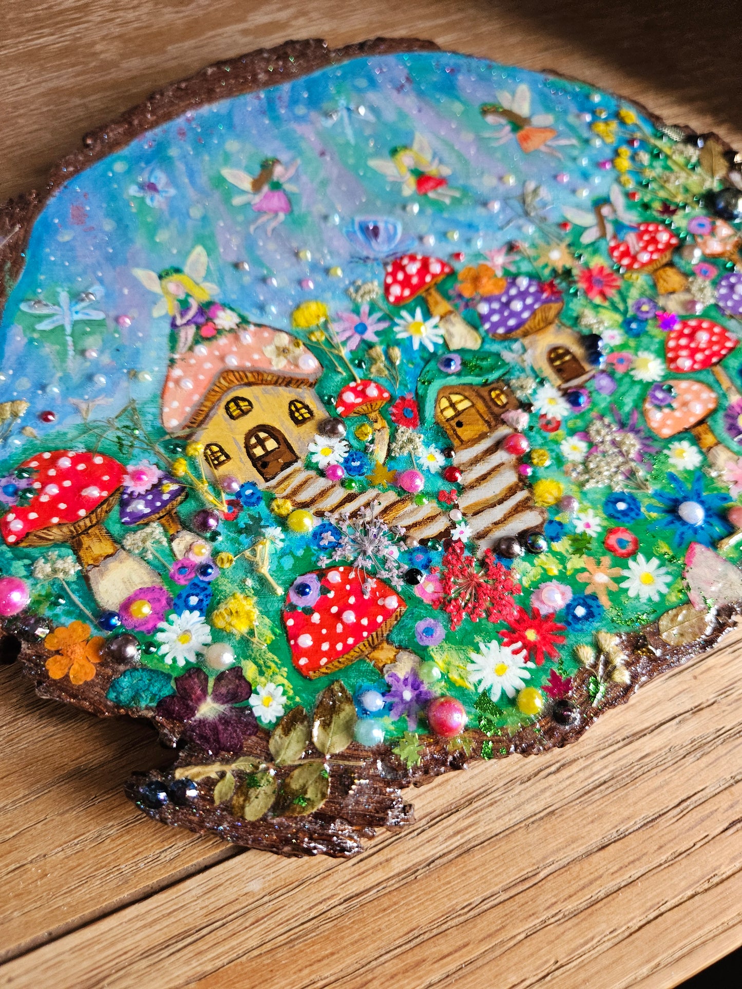 Large Wood Slice/hand painted plaque with fairies and mushroom houses/whimsical and embellished painting/unique one of a kind, handcrafted artwork/new home or birthday gift for animal/whimsy lover