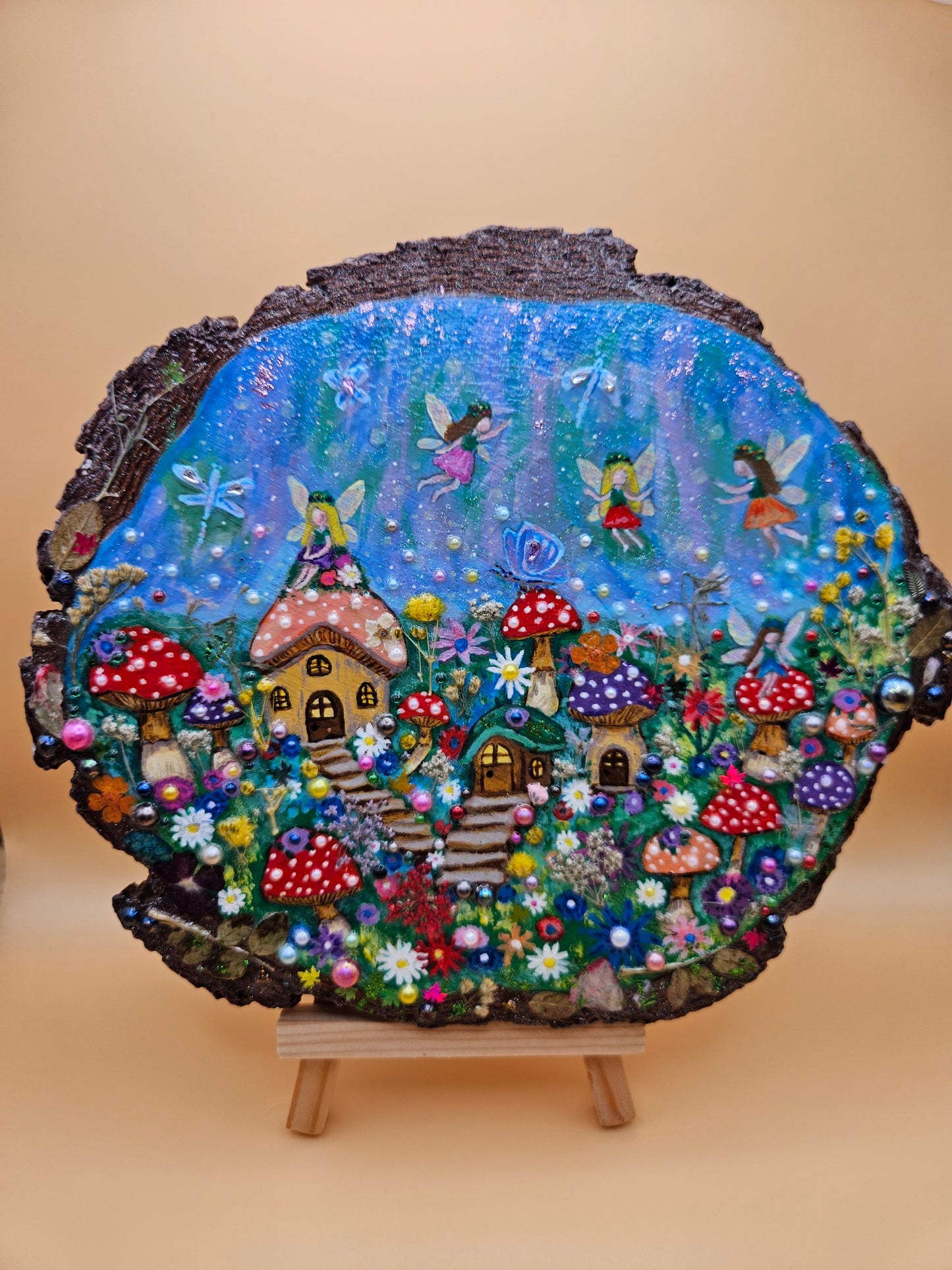 Large Wood Slice/hand painted plaque with fairies and mushroom houses/whimsical and embellished painting/unique one of a kind, handcrafted artwork/new home or birthday gift for animal/whimsy lover