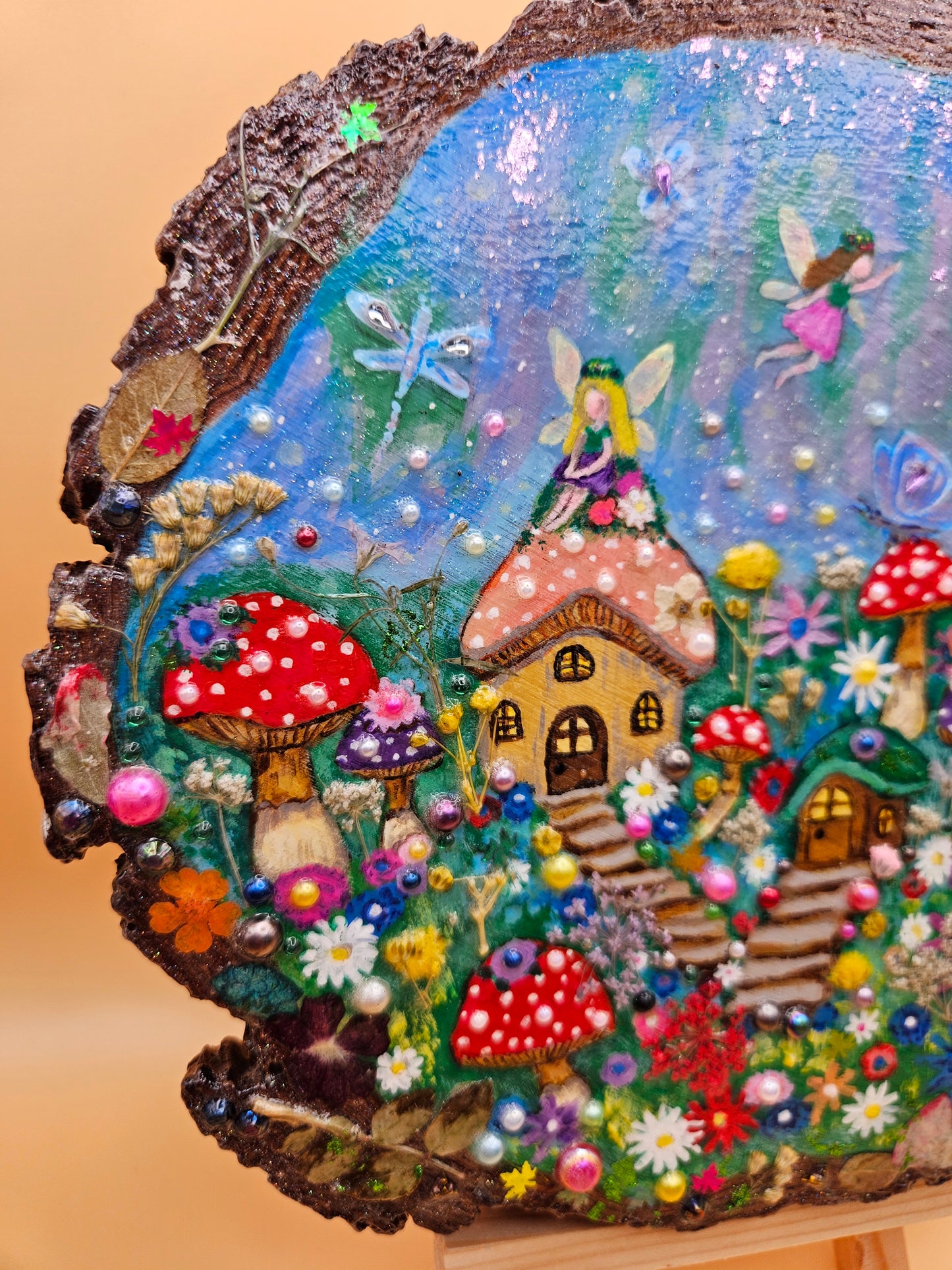 Large Wood Slice/hand painted plaque with fairies and mushroom houses/whimsical and embellished painting/unique one of a kind, handcrafted artwork/new home or birthday gift for animal/whimsy lover