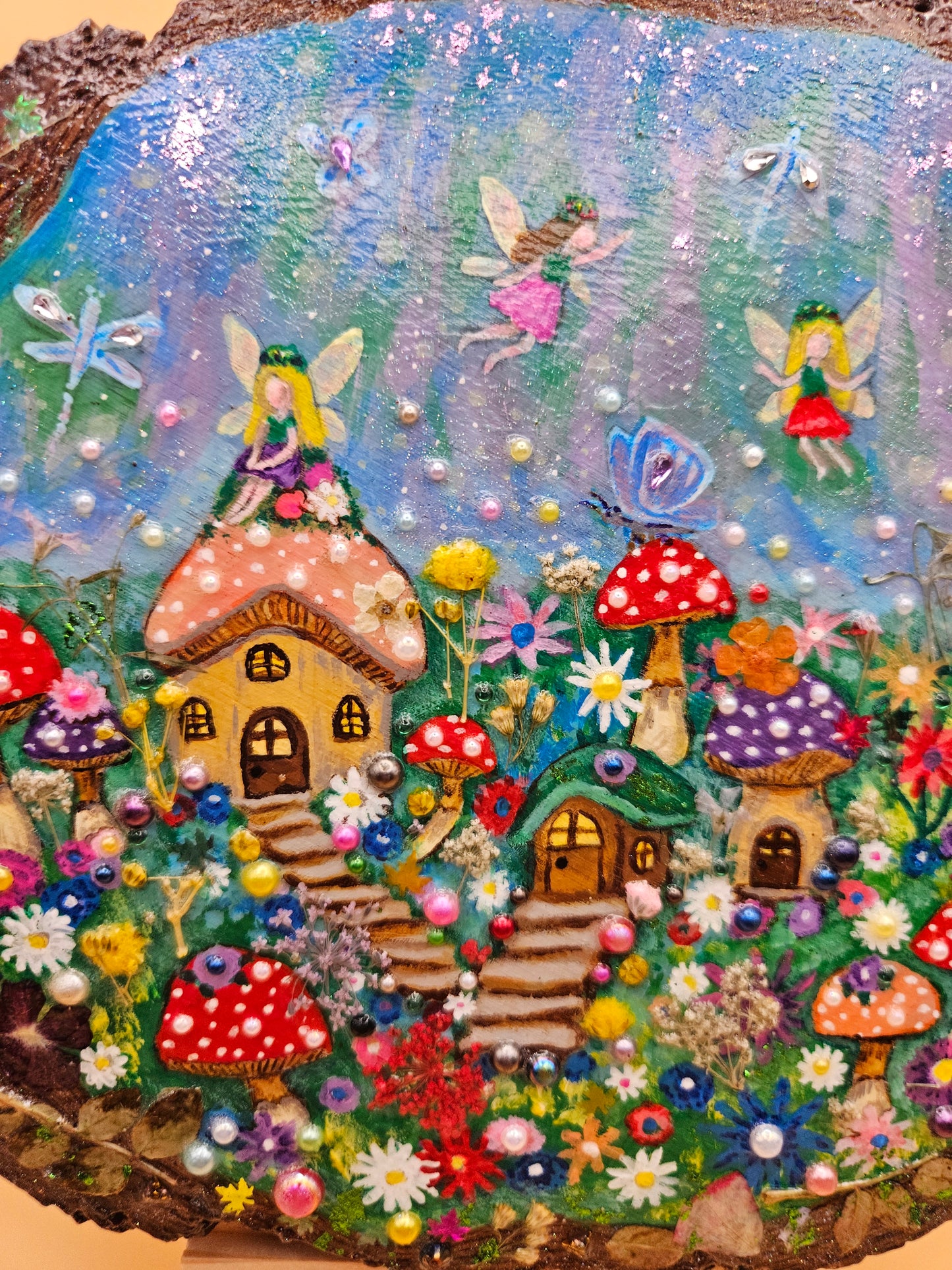 Large Wood Slice/hand painted plaque with fairies and mushroom houses/whimsical and embellished painting/unique one of a kind, handcrafted artwork/new home or birthday gift for animal/whimsy lover