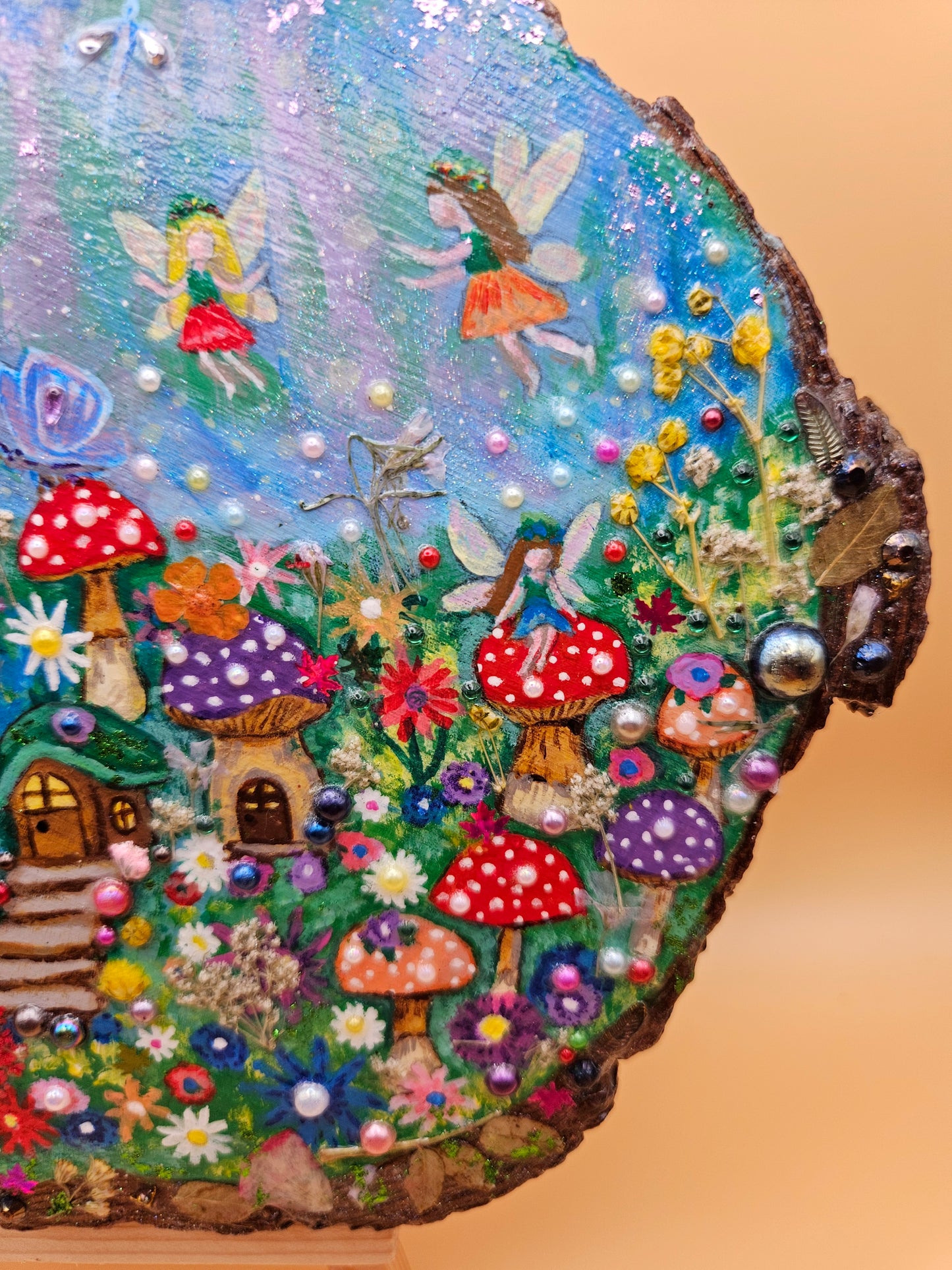 Large Wood Slice/hand painted plaque with fairies and mushroom houses/whimsical and embellished painting/unique one of a kind, handcrafted artwork/new home or birthday gift for animal/whimsy lover