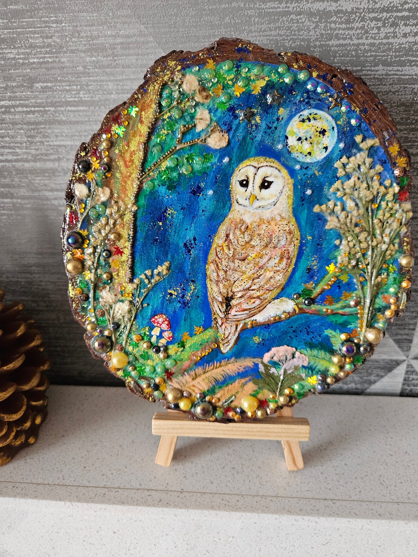 Large Wood Slice/hand painted plaque with owl and moon night theme/whimsical and embellished painting/unique one of a kind, handcrafted artwork/new home or birthday gift for bird/nature/whimsy lover