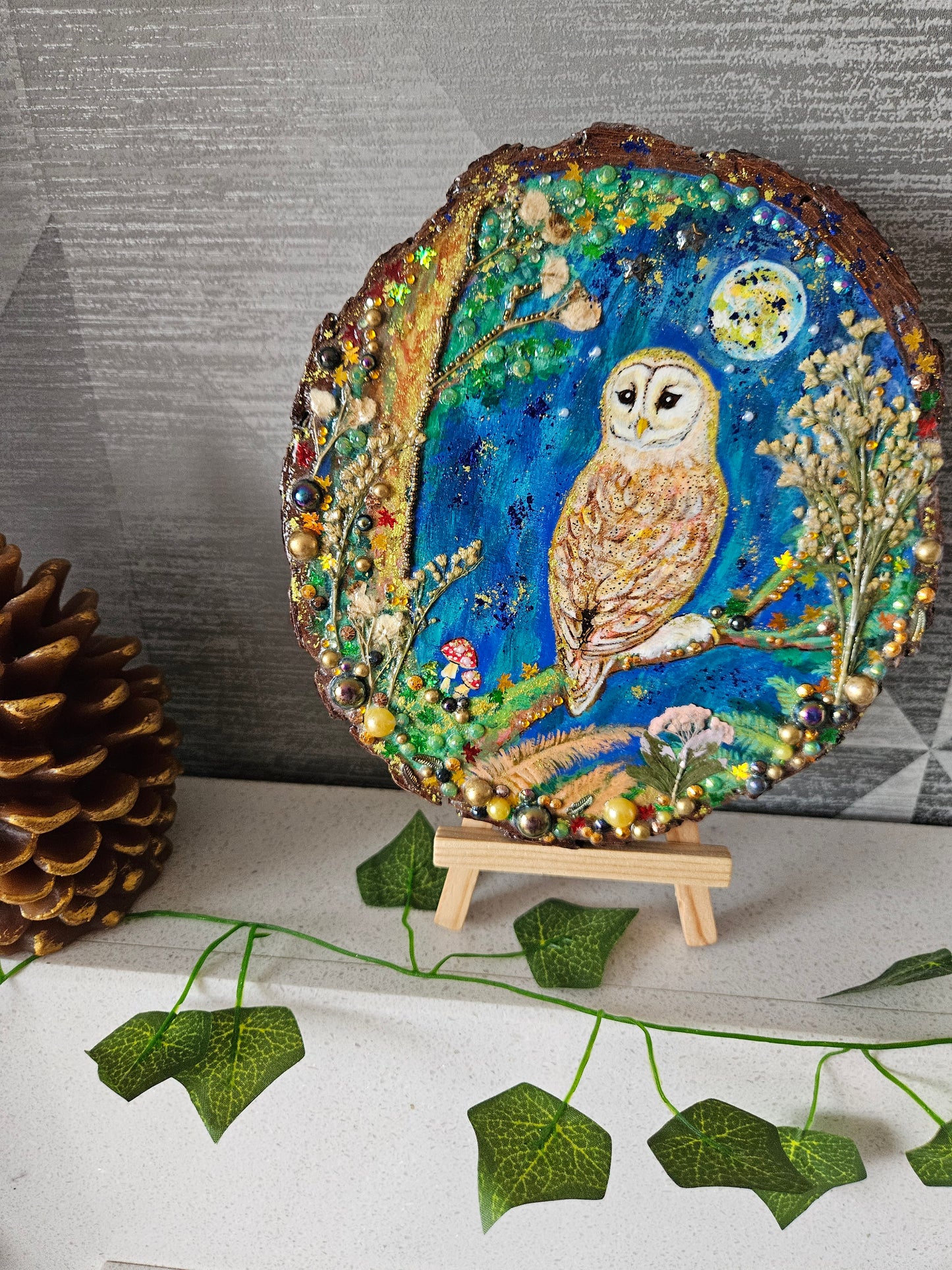 Large Wood Slice/hand painted plaque with owl and moon night theme/whimsical and embellished painting/unique one of a kind, handcrafted artwork/new home or birthday gift for bird/nature/whimsy lover