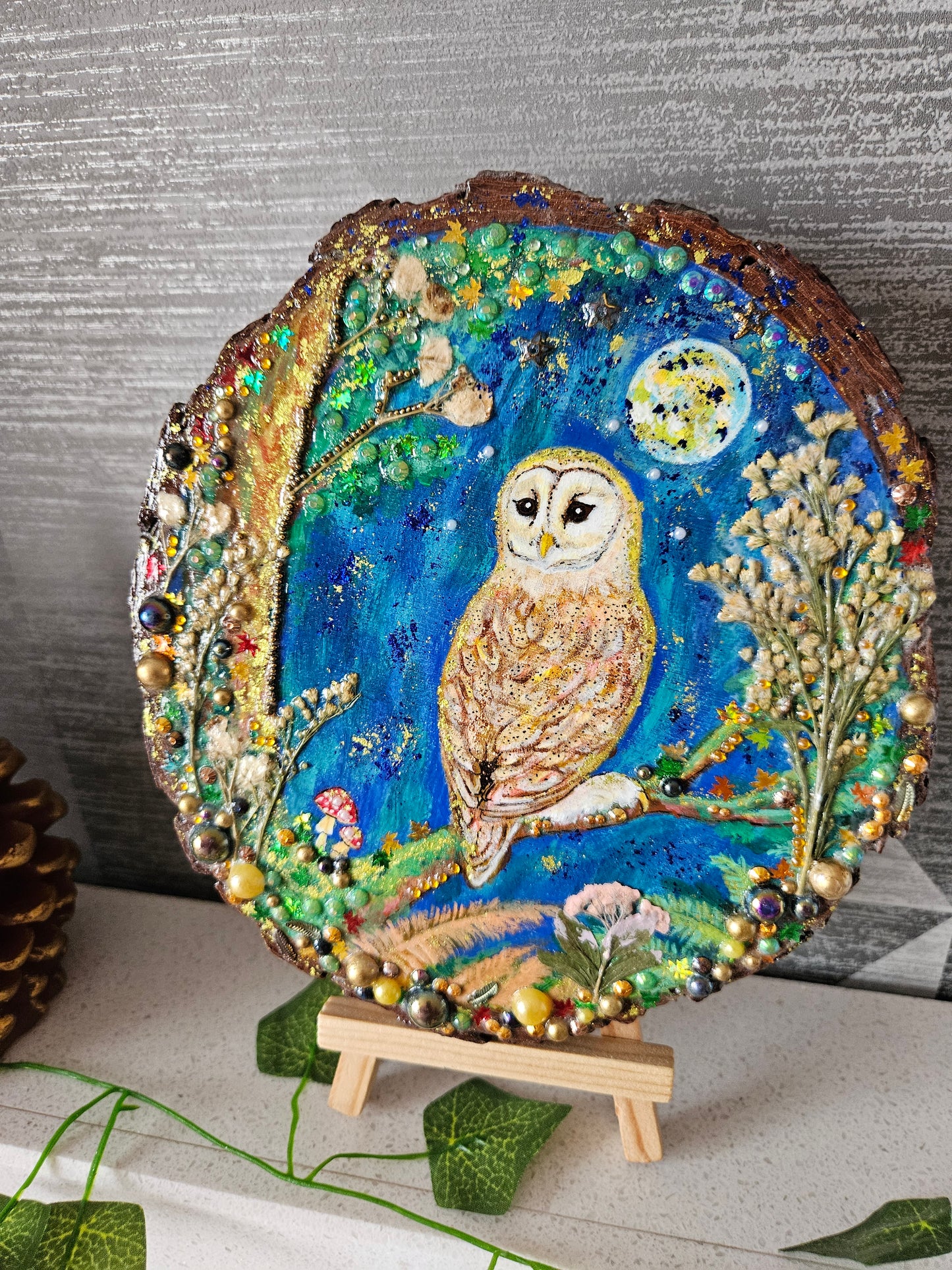 Large Wood Slice/hand painted plaque with owl and moon night theme/whimsical and embellished painting/unique one of a kind, handcrafted artwork/new home or birthday gift for bird/nature/whimsy lover