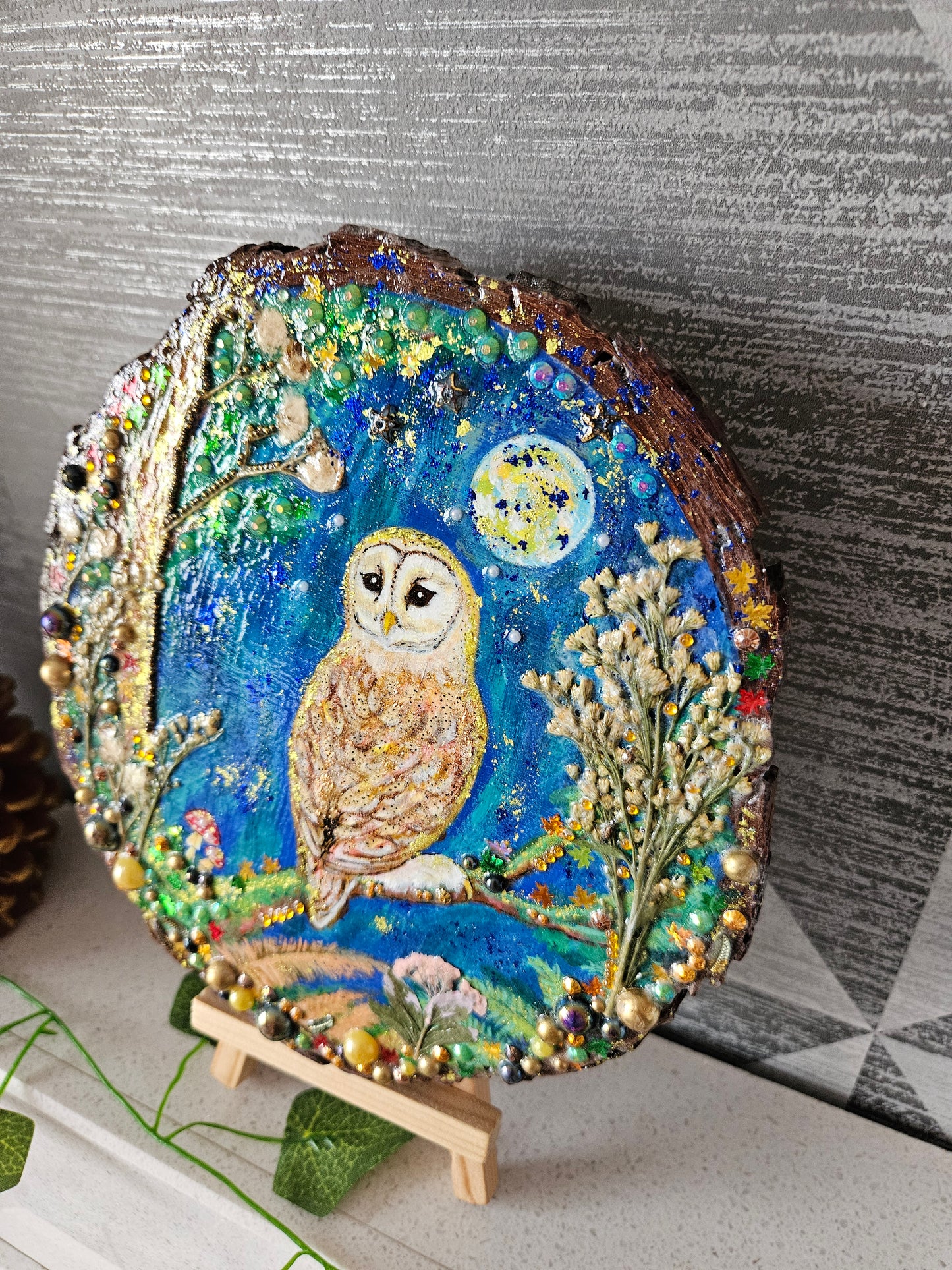 Large Wood Slice/hand painted plaque with owl and moon night theme/whimsical and embellished painting/unique one of a kind, handcrafted artwork/new home or birthday gift for bird/nature/whimsy lover