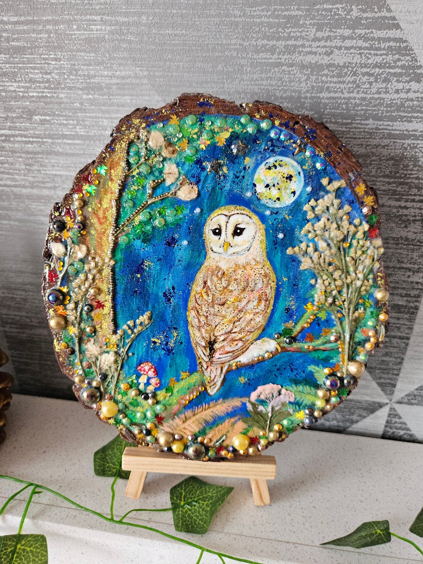 Large Wood Slice/hand painted plaque with owl and moon night theme/whimsical and embellished painting/unique one of a kind, handcrafted artwork/new home or birthday gift for bird/nature/whimsy lover