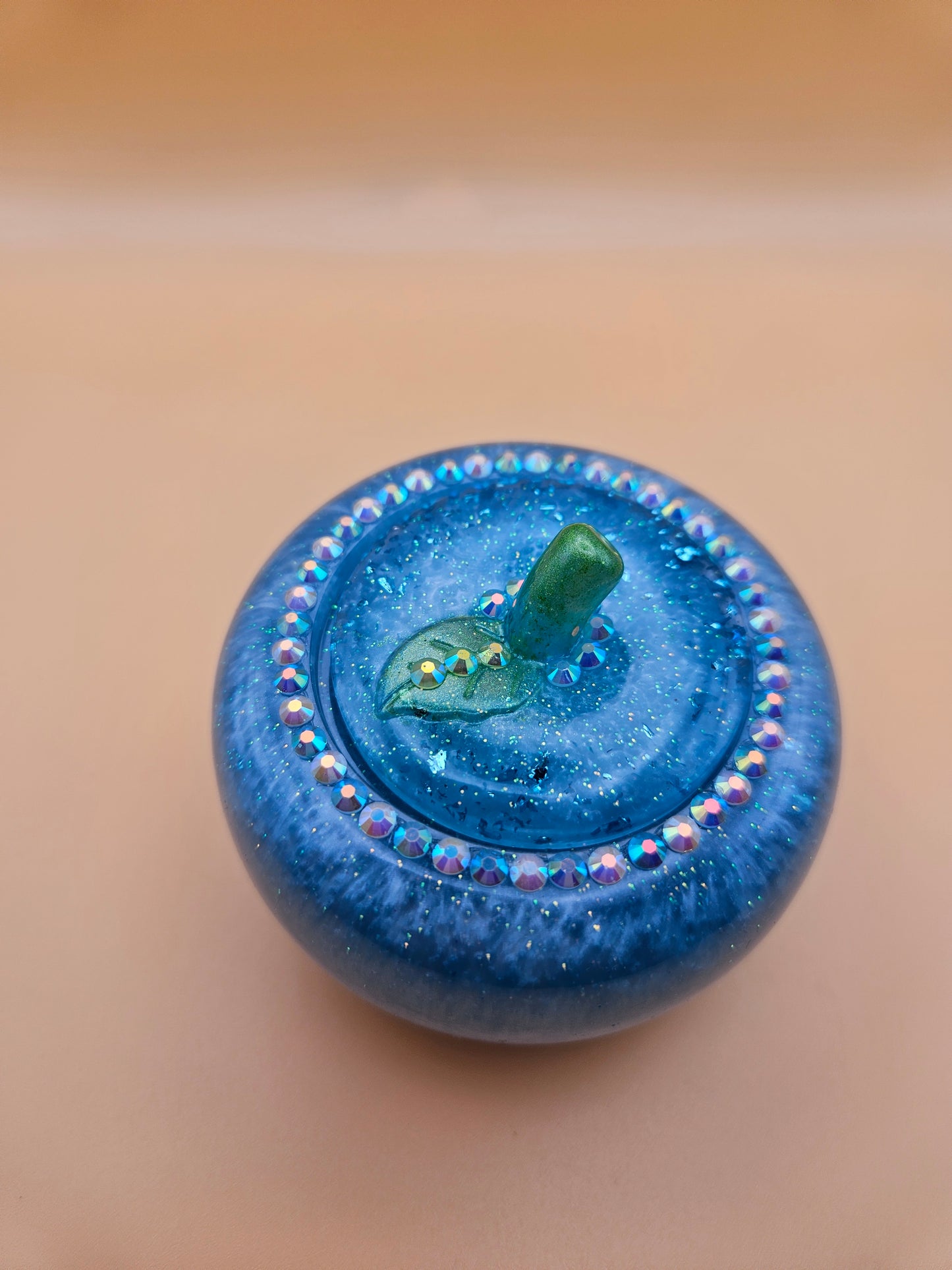 Blue Apple Trinket pot/Rhinestone jewellery dish or keepsake storage holder/handcrafted resin home or room decor/ accessory/ Birthday gift