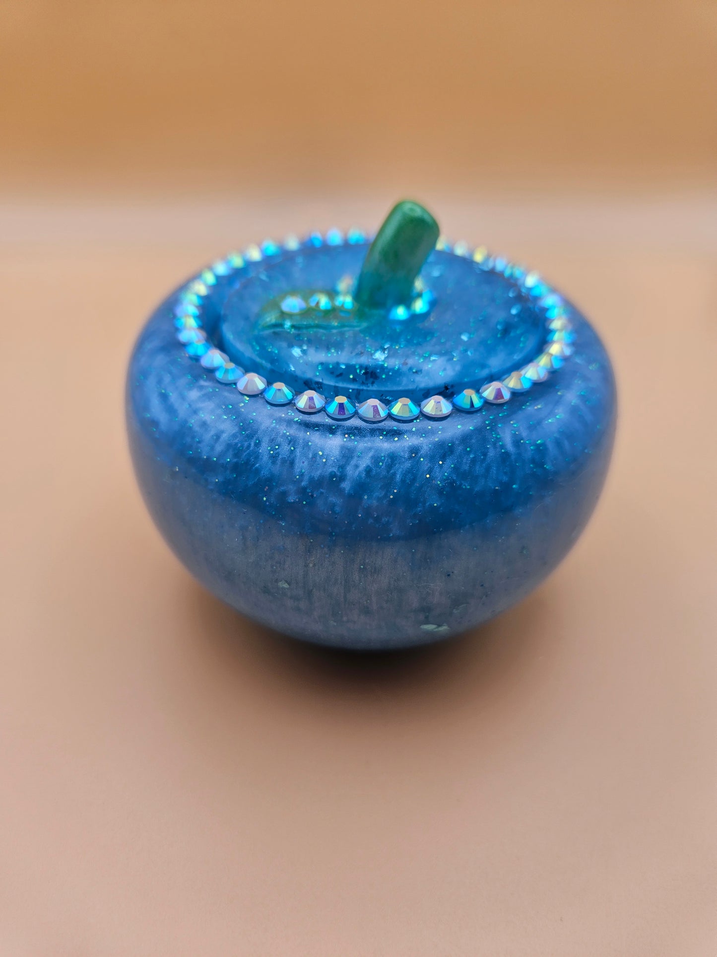 Blue Apple Trinket pot/Rhinestone jewellery dish or keepsake storage holder/handcrafted resin home or room decor/ accessory/ Birthday gift