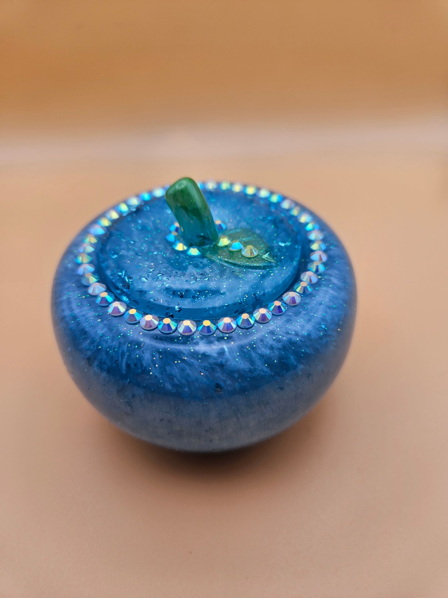 Blue Apple Trinket pot/Rhinestone jewellery dish or keepsake storage holder/handcrafted resin home or room decor/ accessory/ Birthday gift