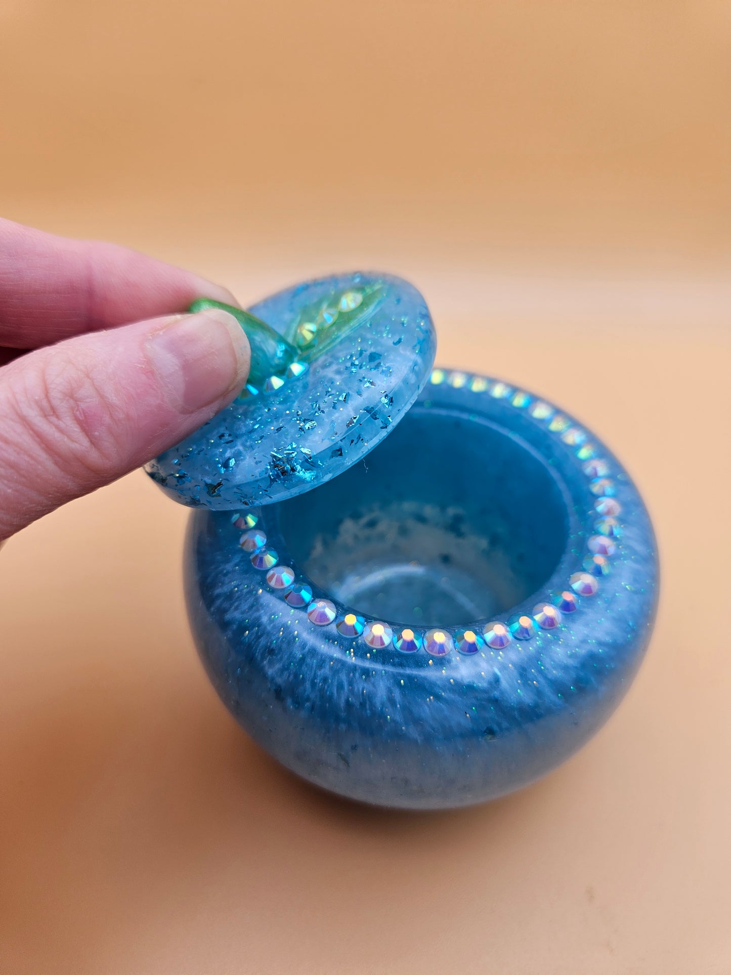 Blue Apple Trinket pot/Rhinestone jewellery dish or keepsake storage holder/handcrafted resin home or room decor/ accessory/ Birthday gift