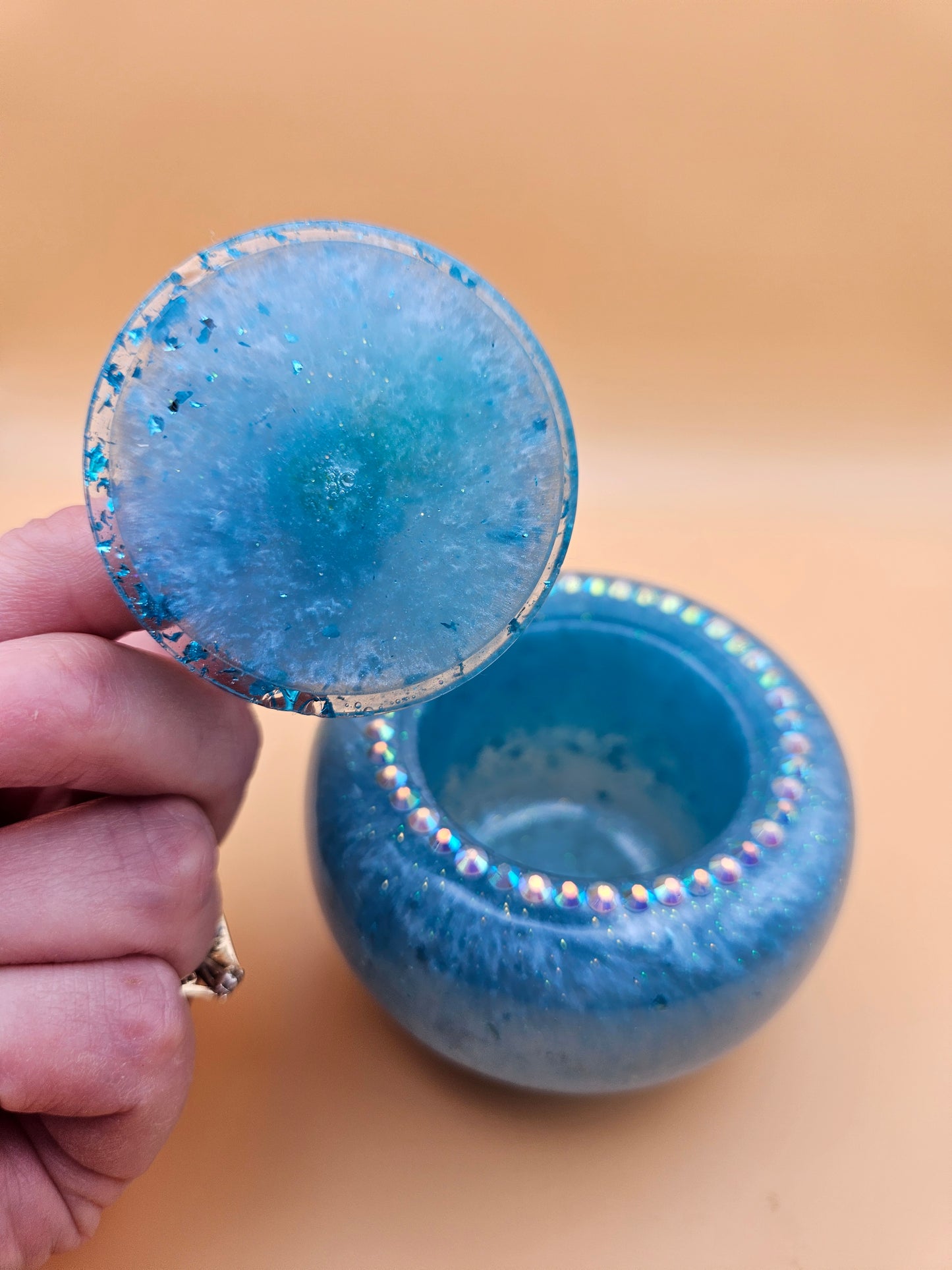 Blue Apple Trinket pot/Rhinestone jewellery dish or keepsake storage holder/handcrafted resin home or room decor/ accessory/ Birthday gift