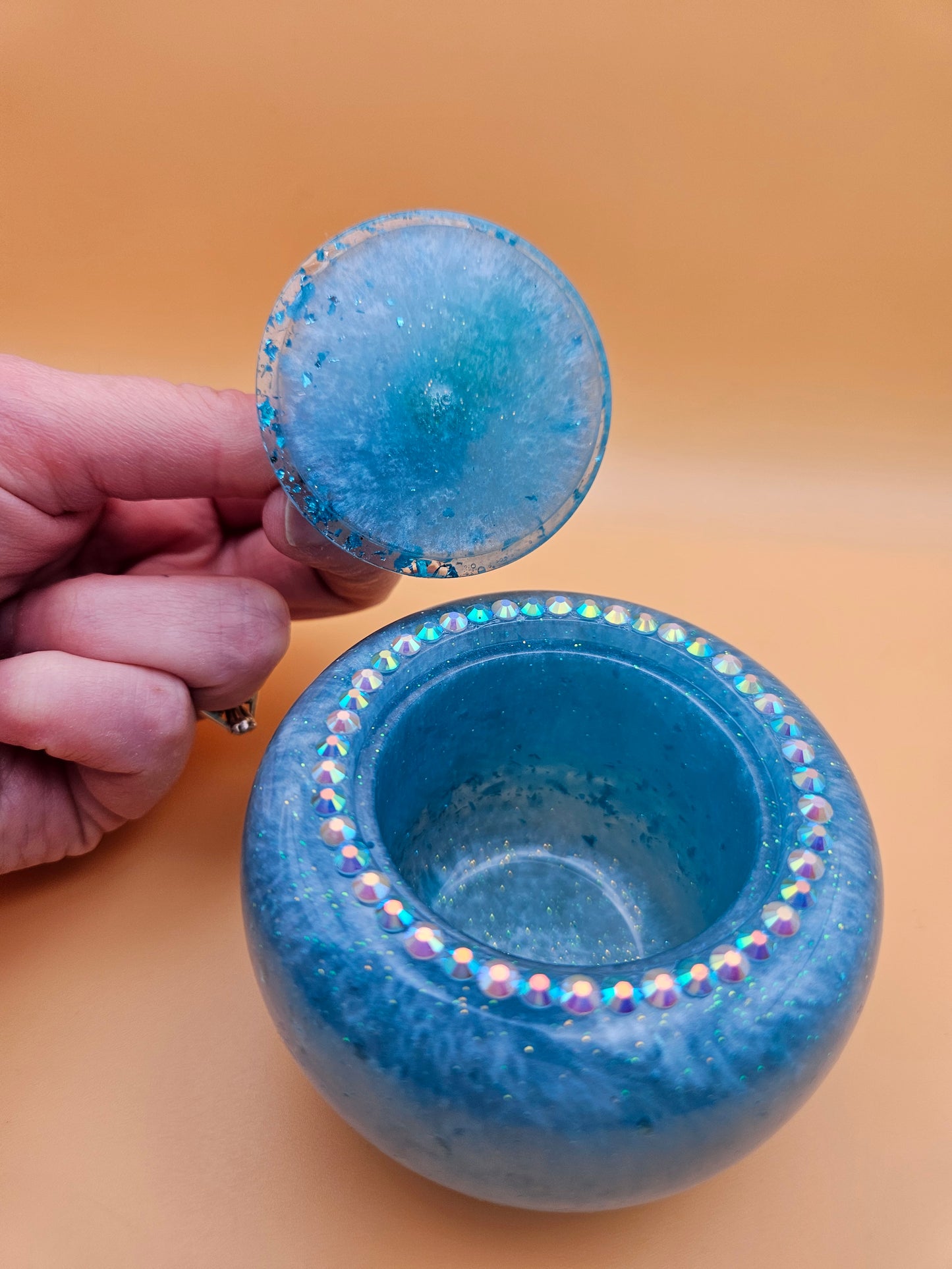 Blue Apple Trinket pot/Rhinestone jewellery dish or keepsake storage holder/handcrafted resin home or room decor/ accessory/ Birthday gift