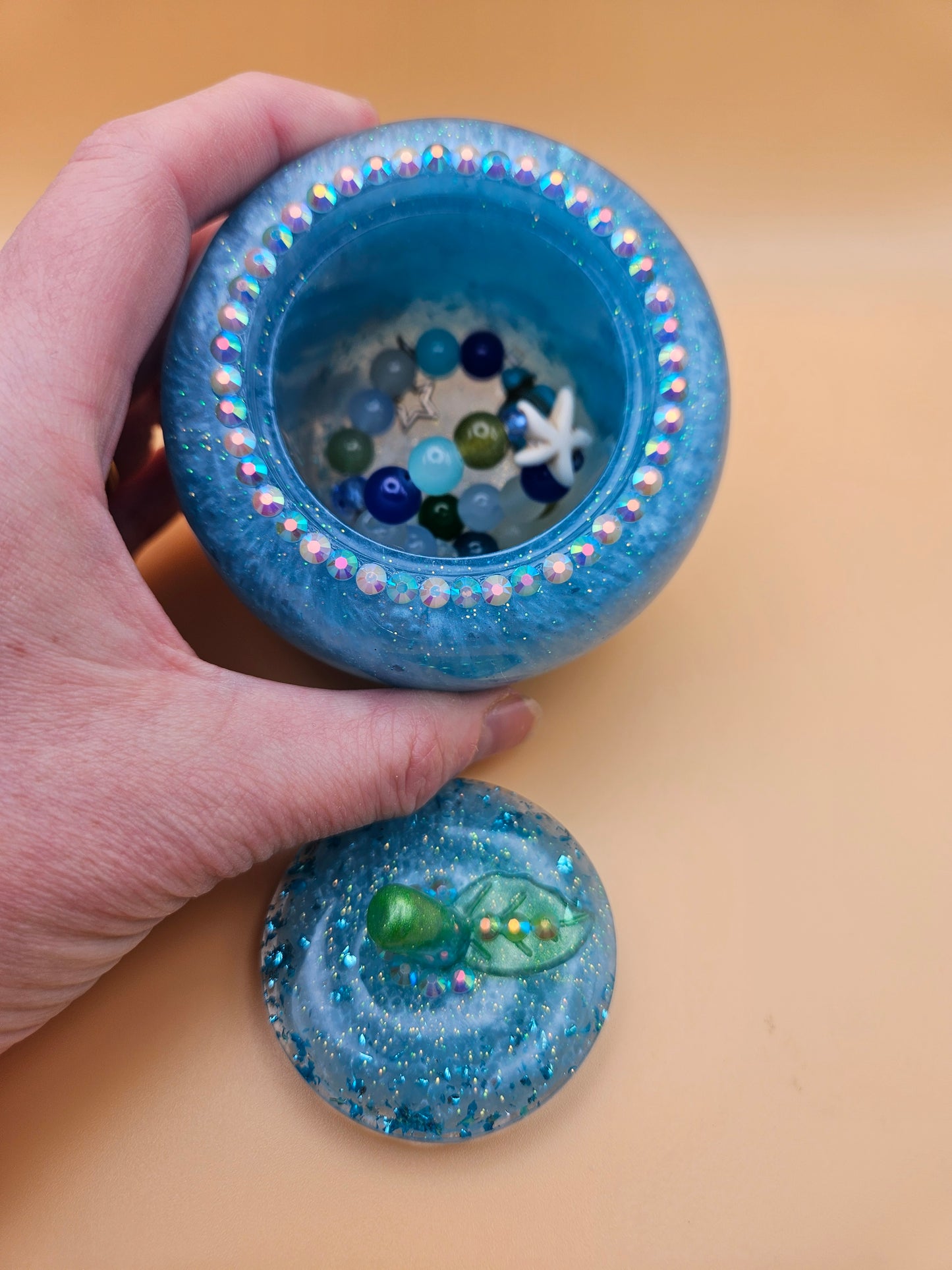 Blue Apple Trinket pot/Rhinestone jewellery dish or keepsake storage holder/handcrafted resin home or room decor/ accessory/ Birthday gift
